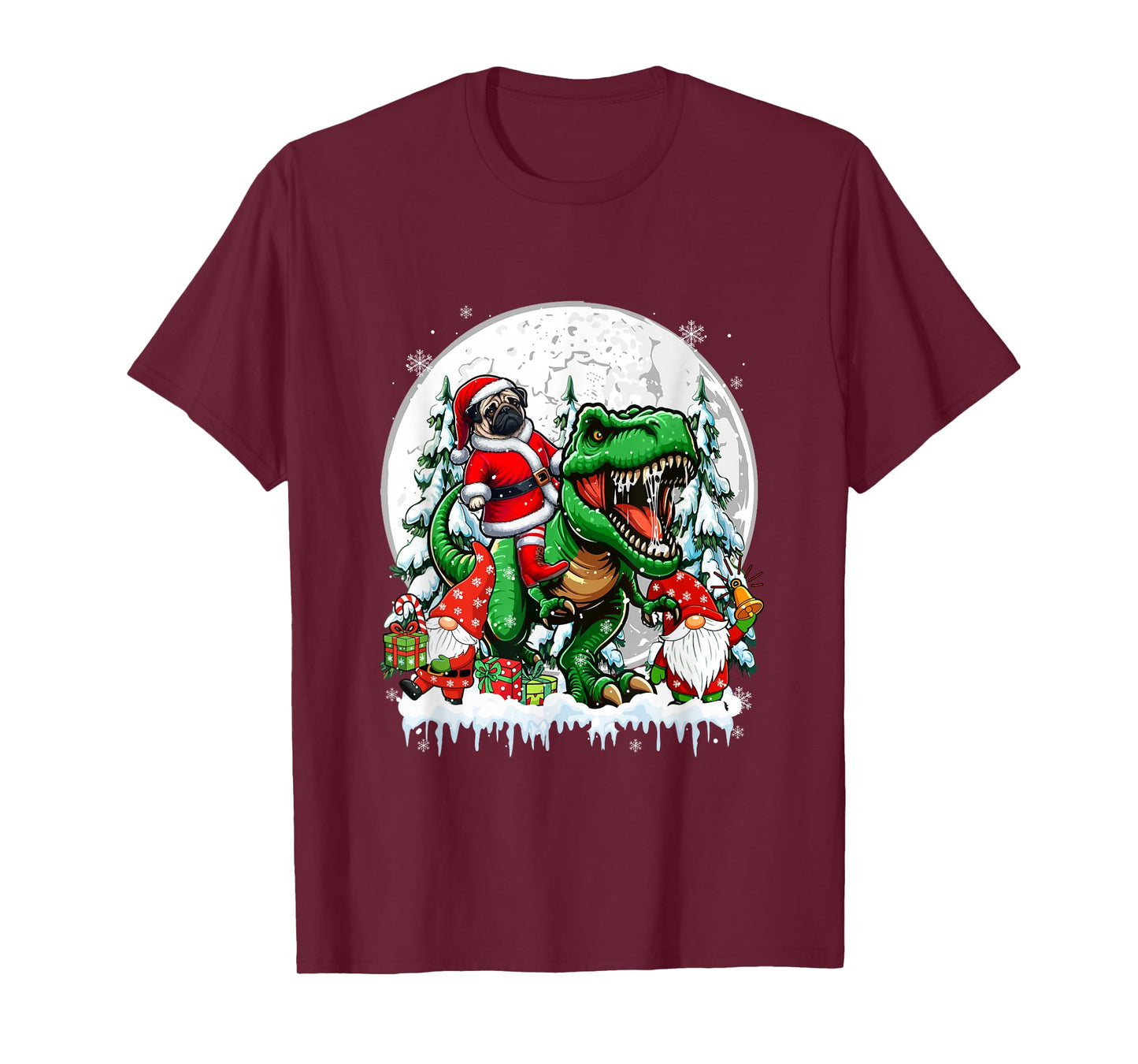 Santa Dog Riding T-Rex Gnomes Christmas Trees Family Kids T-Shirt