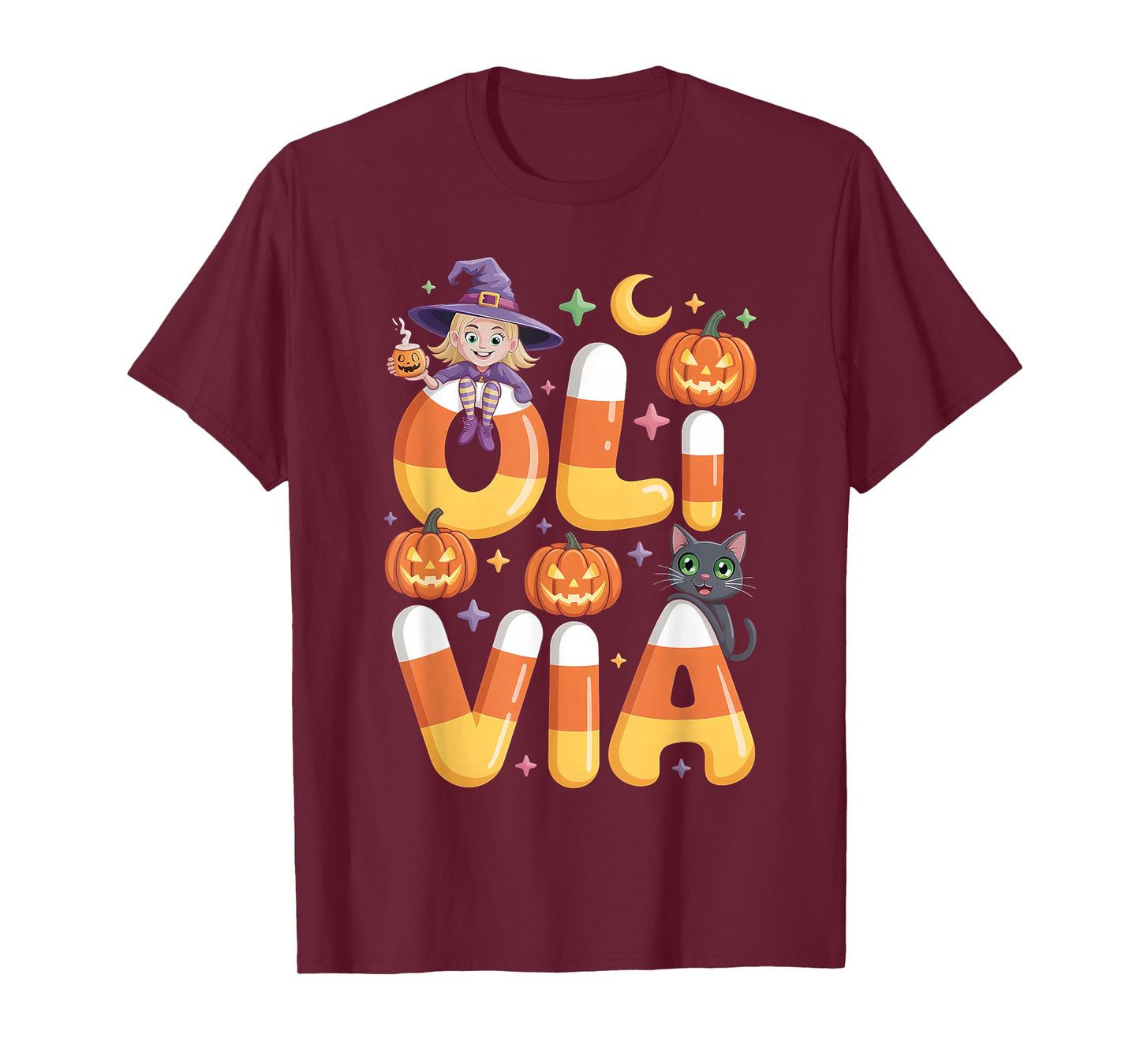 Olivia Witch Candy Corn Cat Halloween Women and Girls T-Shirt
