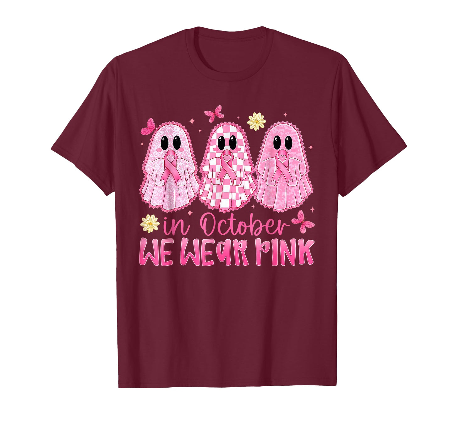 in October We Wear Pink Ghost Witch Breast Cancer Awareness T-Shirt