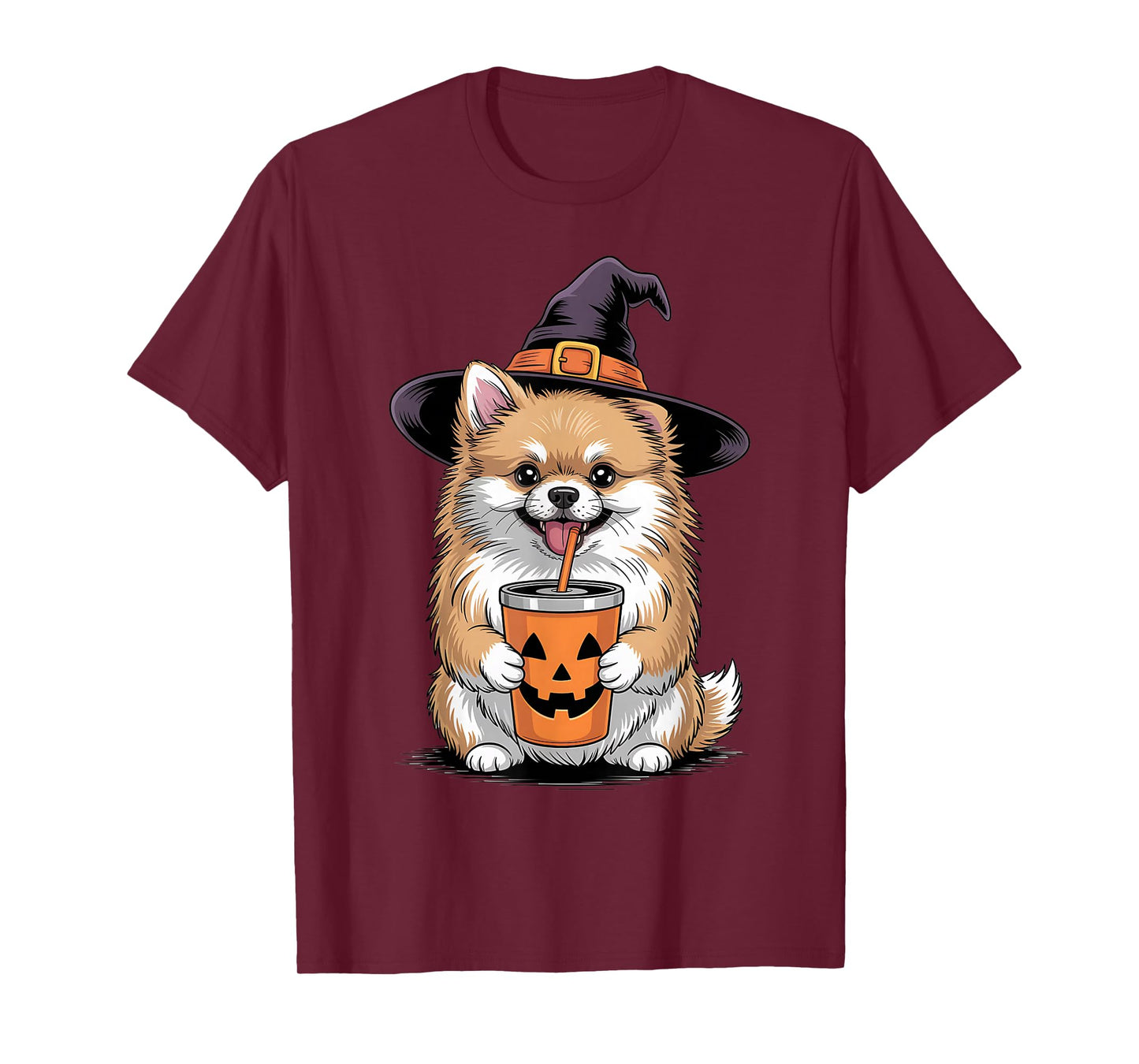 Pomeranian Witch Dog Paw Cute Halloween Spooky Pumpkin Drink T-Shirt