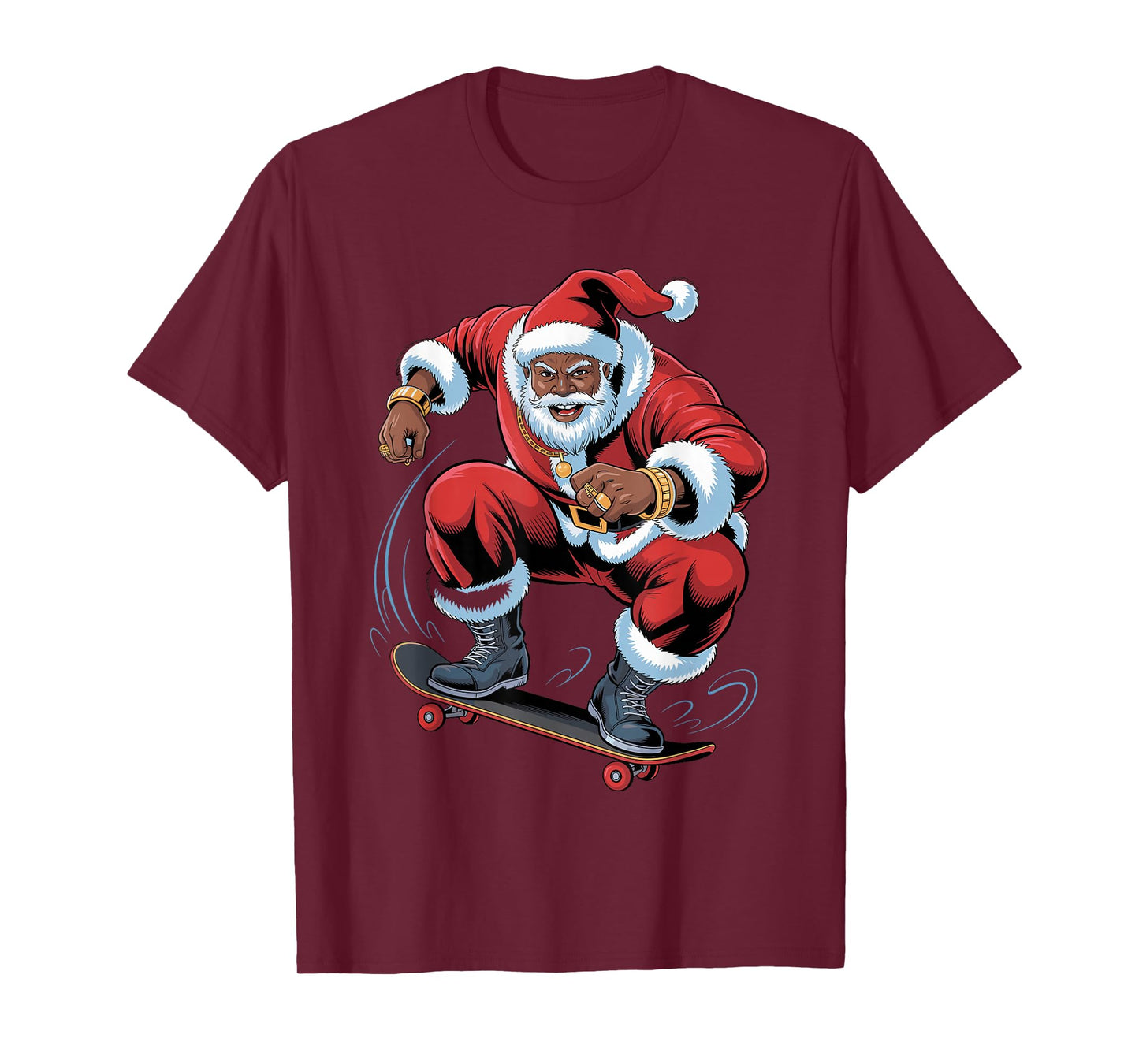 Santa Skateboarding African American Funny Holiday Christmas T-Shirt