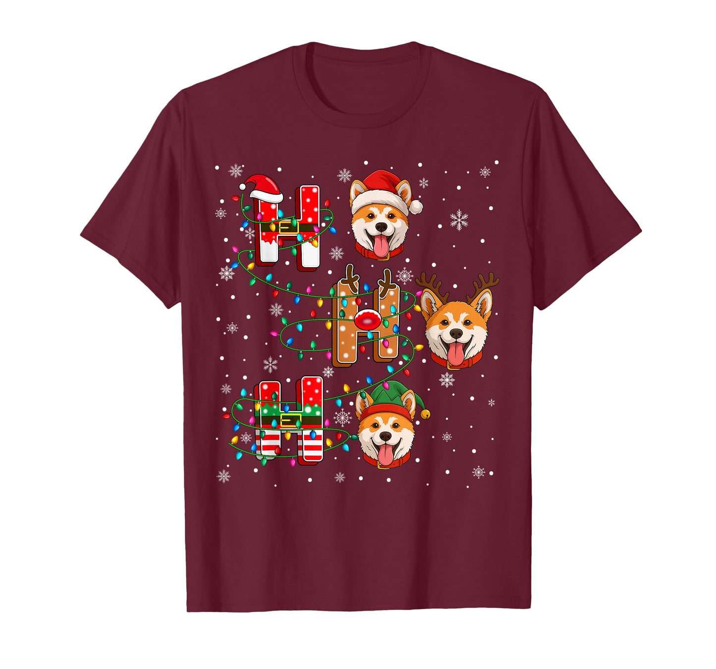 Ho Ho Ho Santa Reindeer Hat Elf Matching Akita Inu Dog Xmas T-Shirt