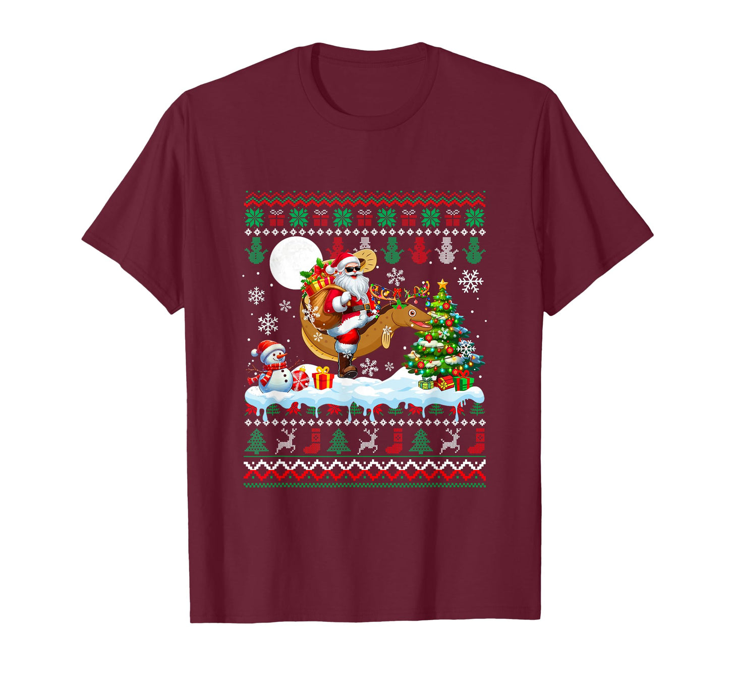 Santa Riding Reindeer EEL Sweater Xmas Tree Snowman T-Shirt