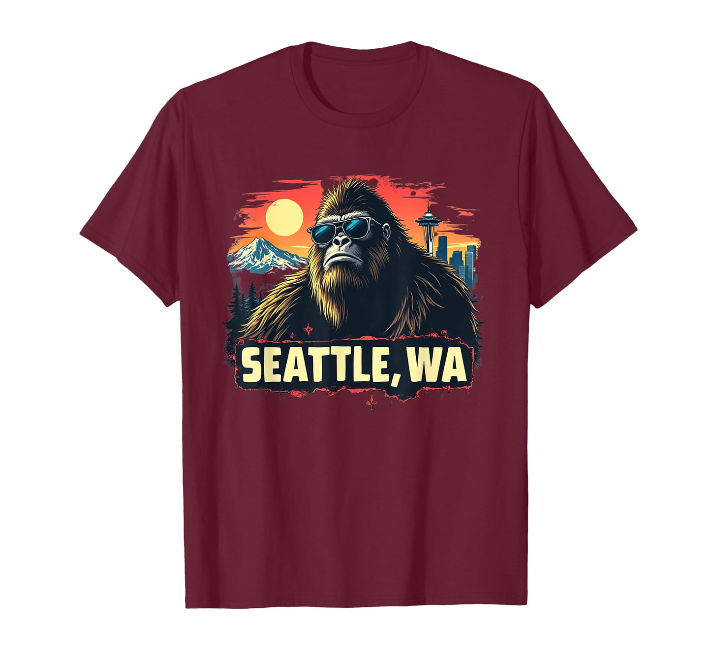 Seattle Cool Bigfoot with Downtown and Mountains T-Shirt