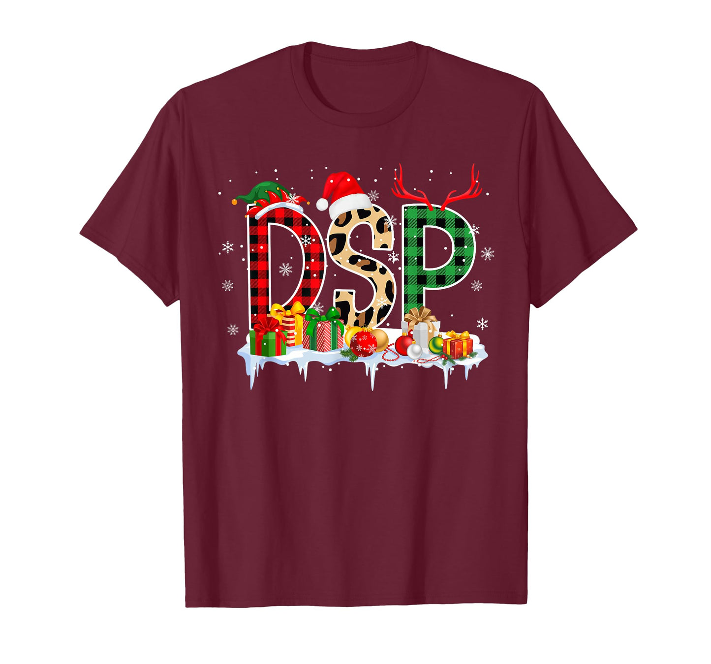 Leopard Red Plaid DSP Nursing Santa Hat Reindeer Christmas T-Shirt