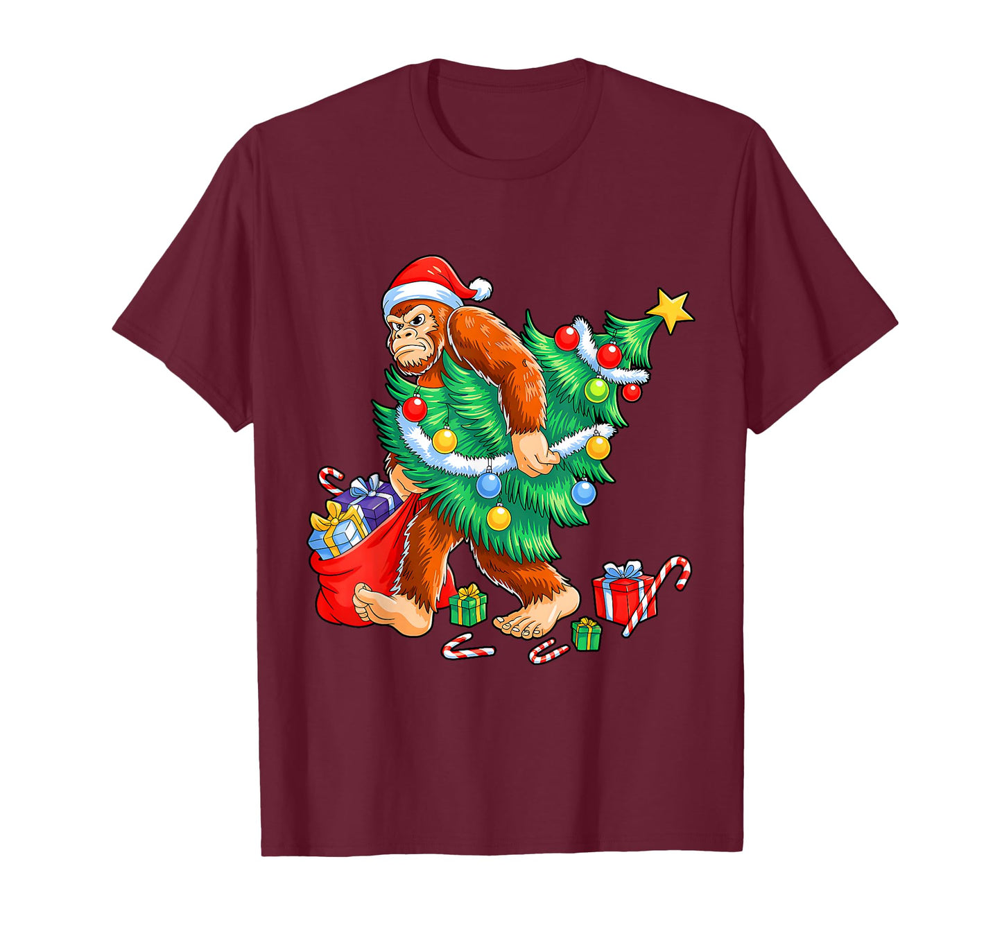 Funny Bigfoot Christmas Tree Lights Xmas Boys Men Sasquax T-Shirt
