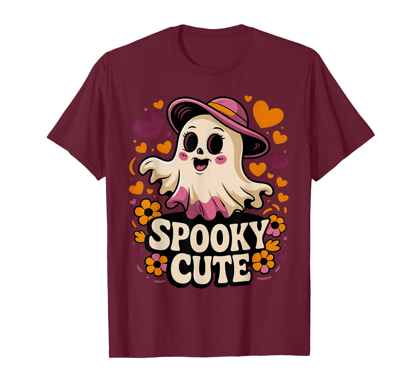 Spooky Cute Ghost Witch Hat Halloween Hearts Flowers T-Shirt