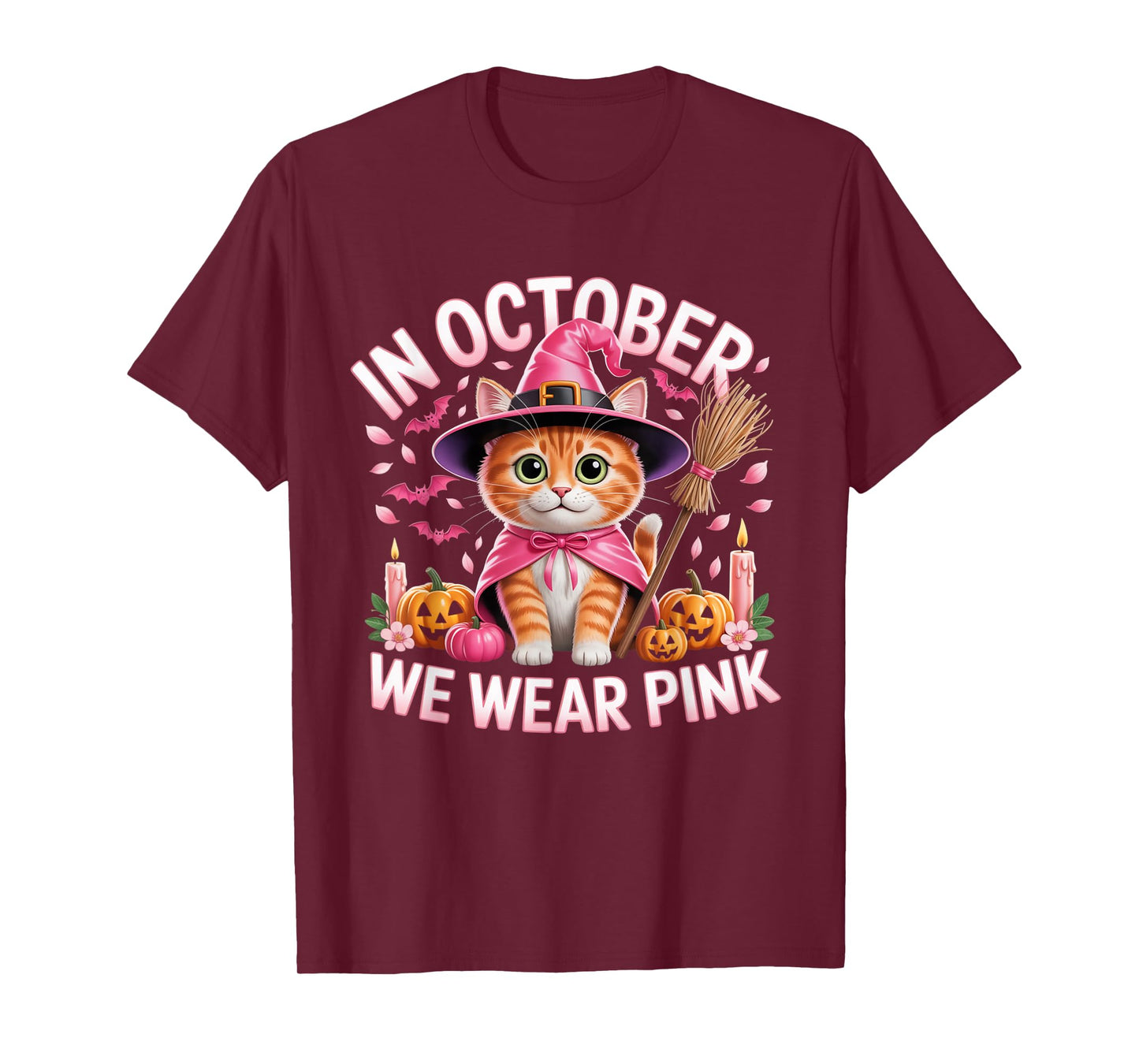 in October We Wear Pink Cat Witch Breast Cancer Awareness T-Shirt