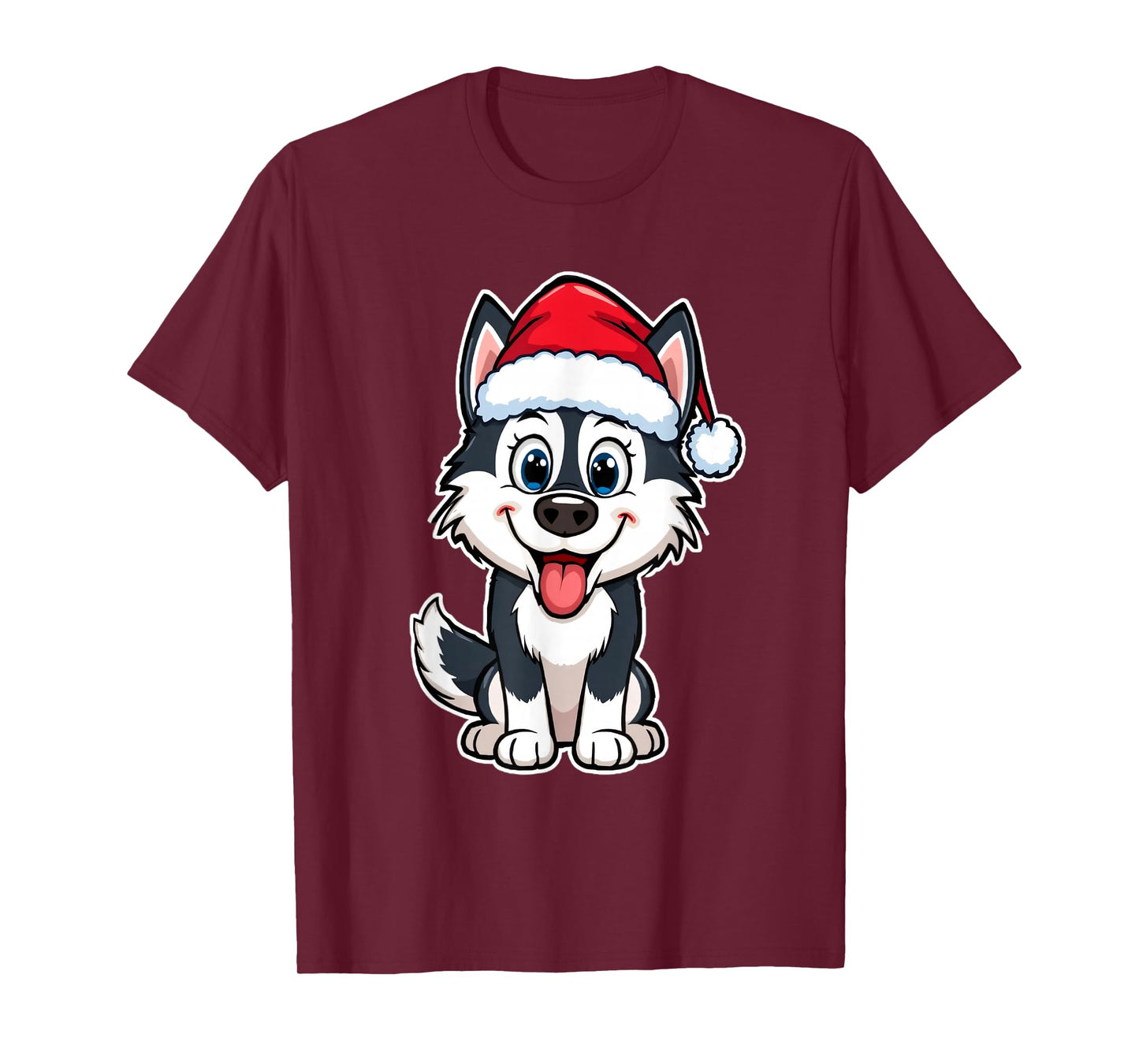 Christmas Cartoon Husky with Santa Hat Design T-Shirt
