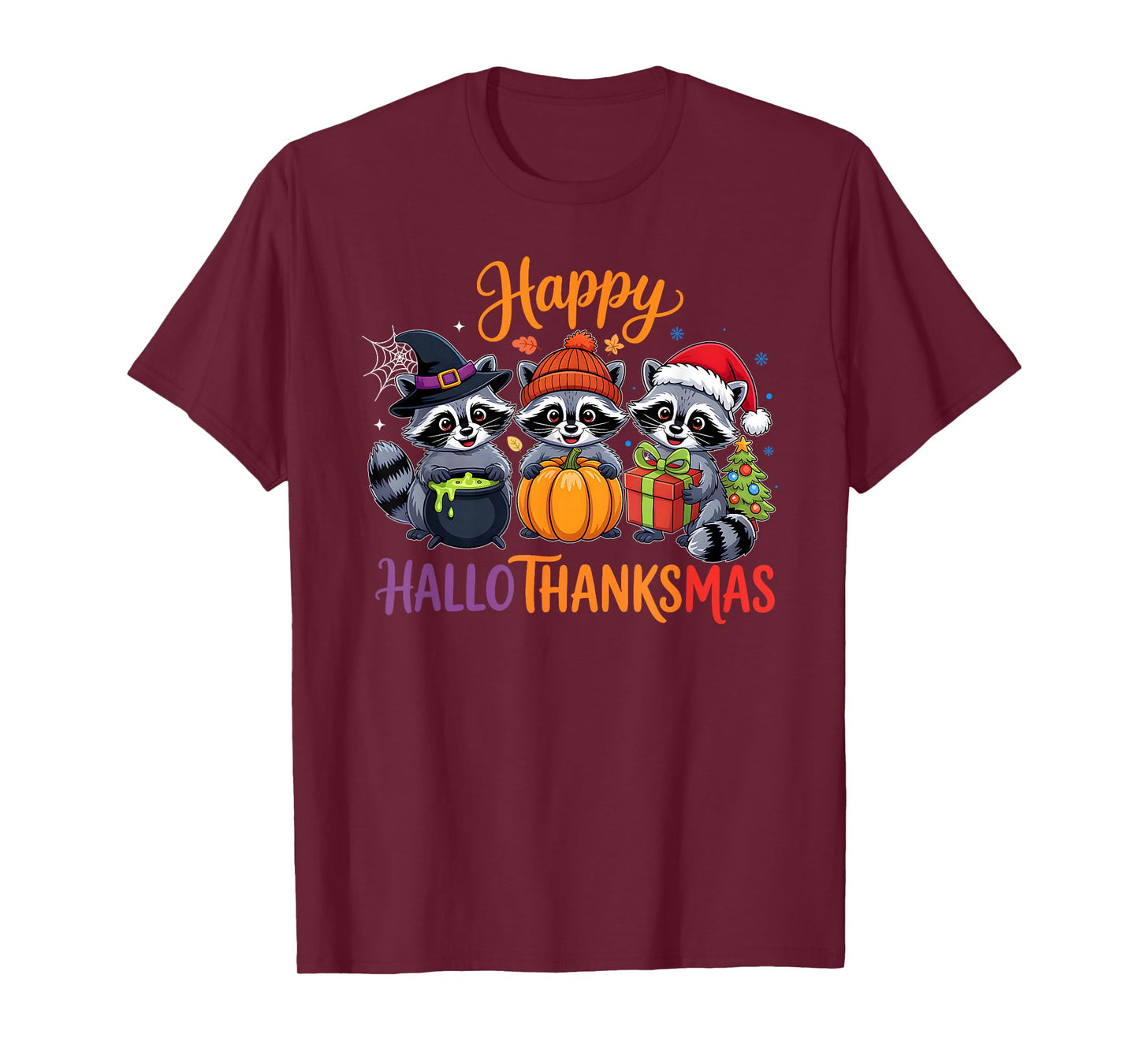 Halloween Thanksgiving Christmas Happy HalloThanksMas Raccon T-Shirt