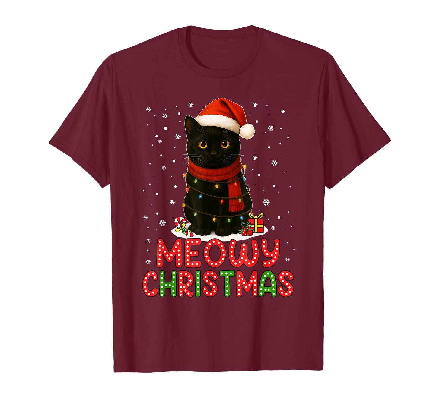 Meowy Christmas Santa Hat Funny Black Cat Men Women Kids T-Shirt