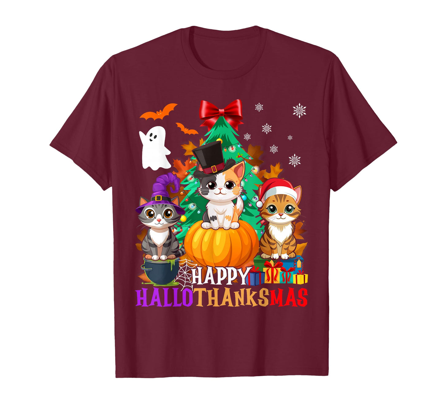 Happy Hallothanksmas Cats Halloween Thanksgiving Christmas T-Shirt