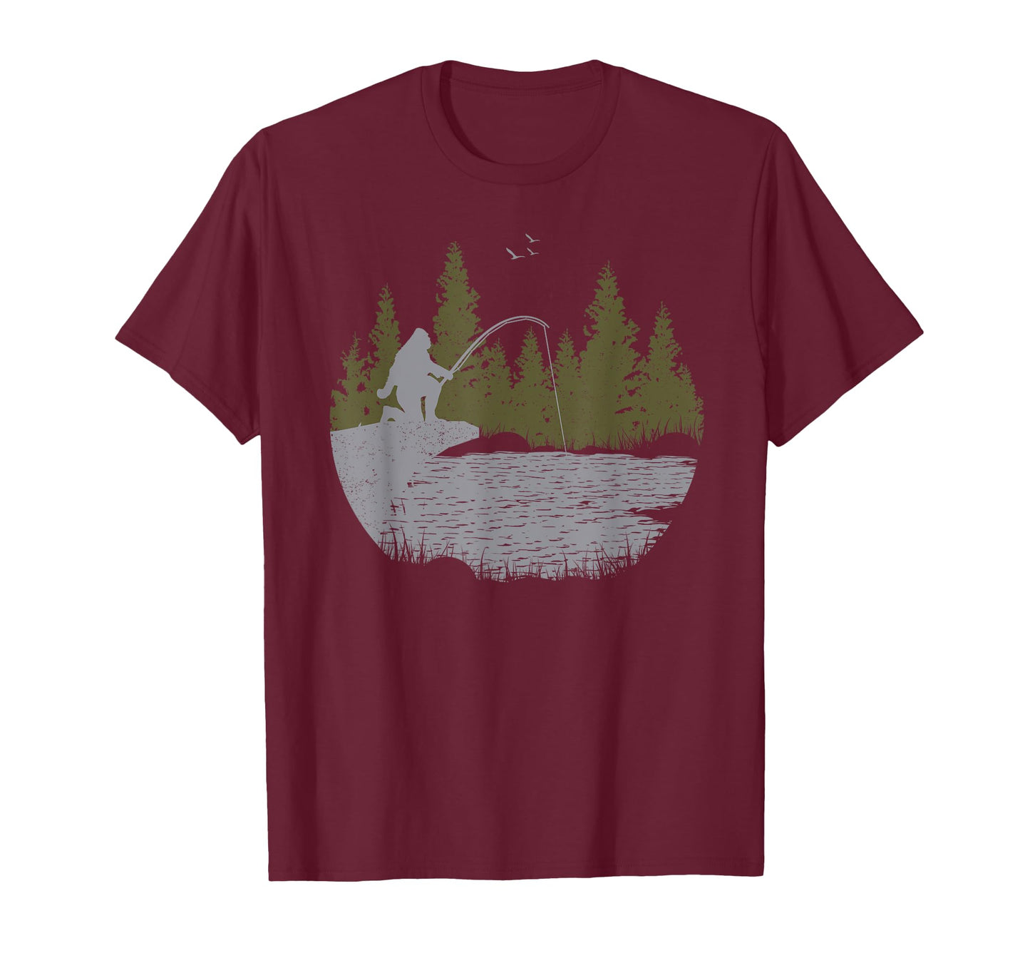 Funny Bigfoot Fishing Sasquatch & Trees Distressed Fisherman T-Shirt