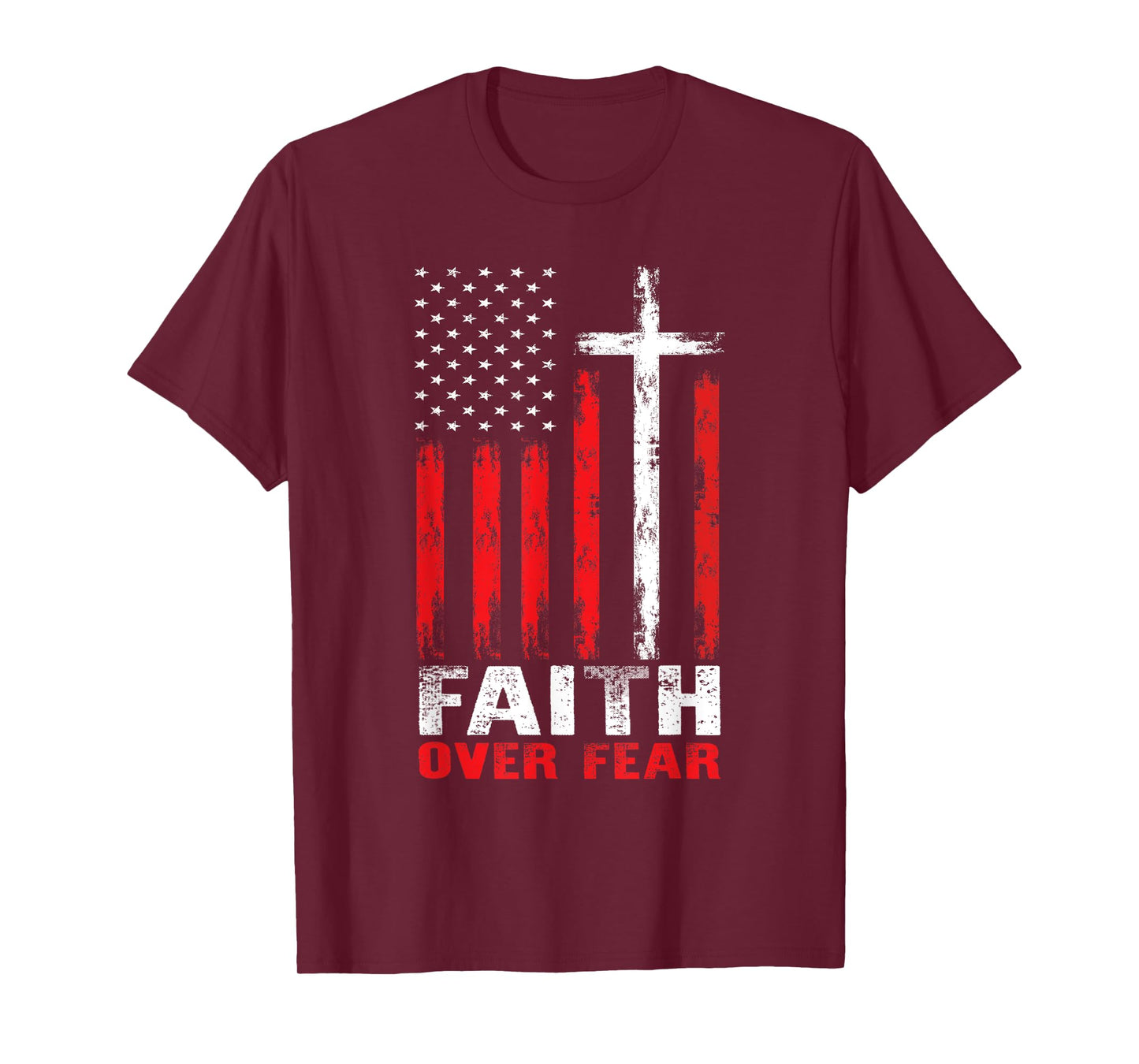 Faith Over Fear Christian Cross American Flag Distress T-Shirt