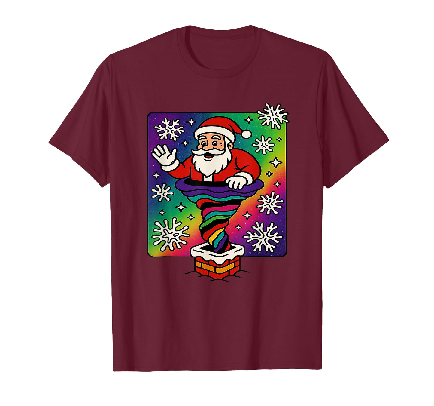 Funky Santa Rainbow Swirling in Chimney Artwork T-Shirt