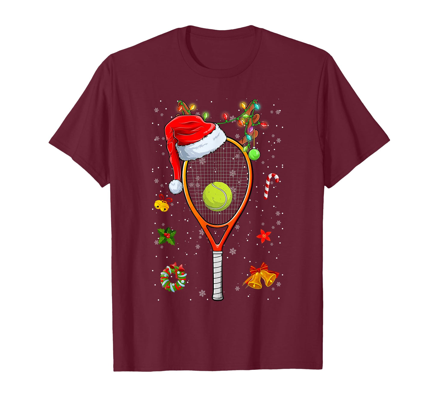 Funny Tennis Racket Reindeer Santa Hat Christmas Lights Xmas T-Shirt