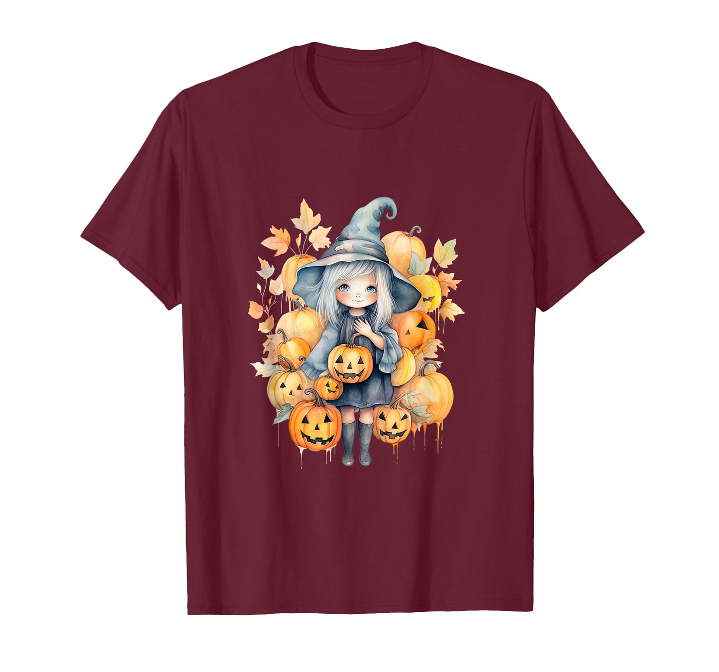 Watercolor Cute Halloween Pumpkin Girl Fall Autumn Leafs T-Shirt