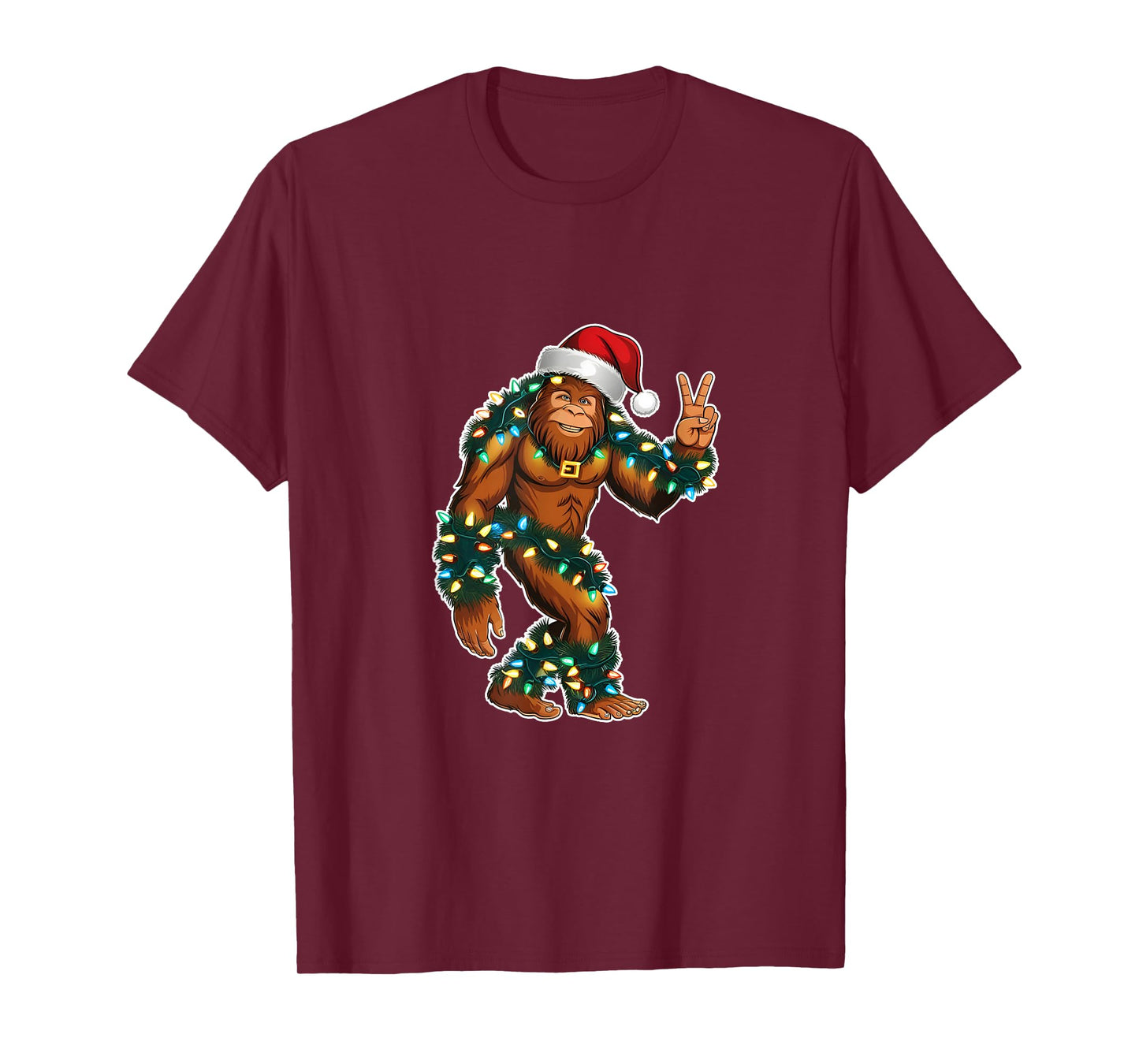 Holiday Sasquatch with Xmas Lights and Santa Hat Peace Sign T-Shirt