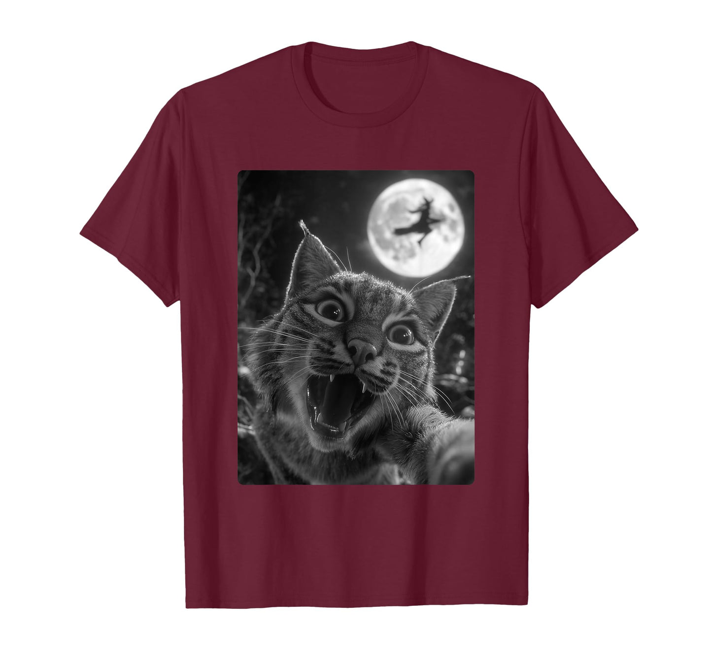 Funny Bobcat Selfie Full Moon Flying Witch Forest Halloween T-Shirt