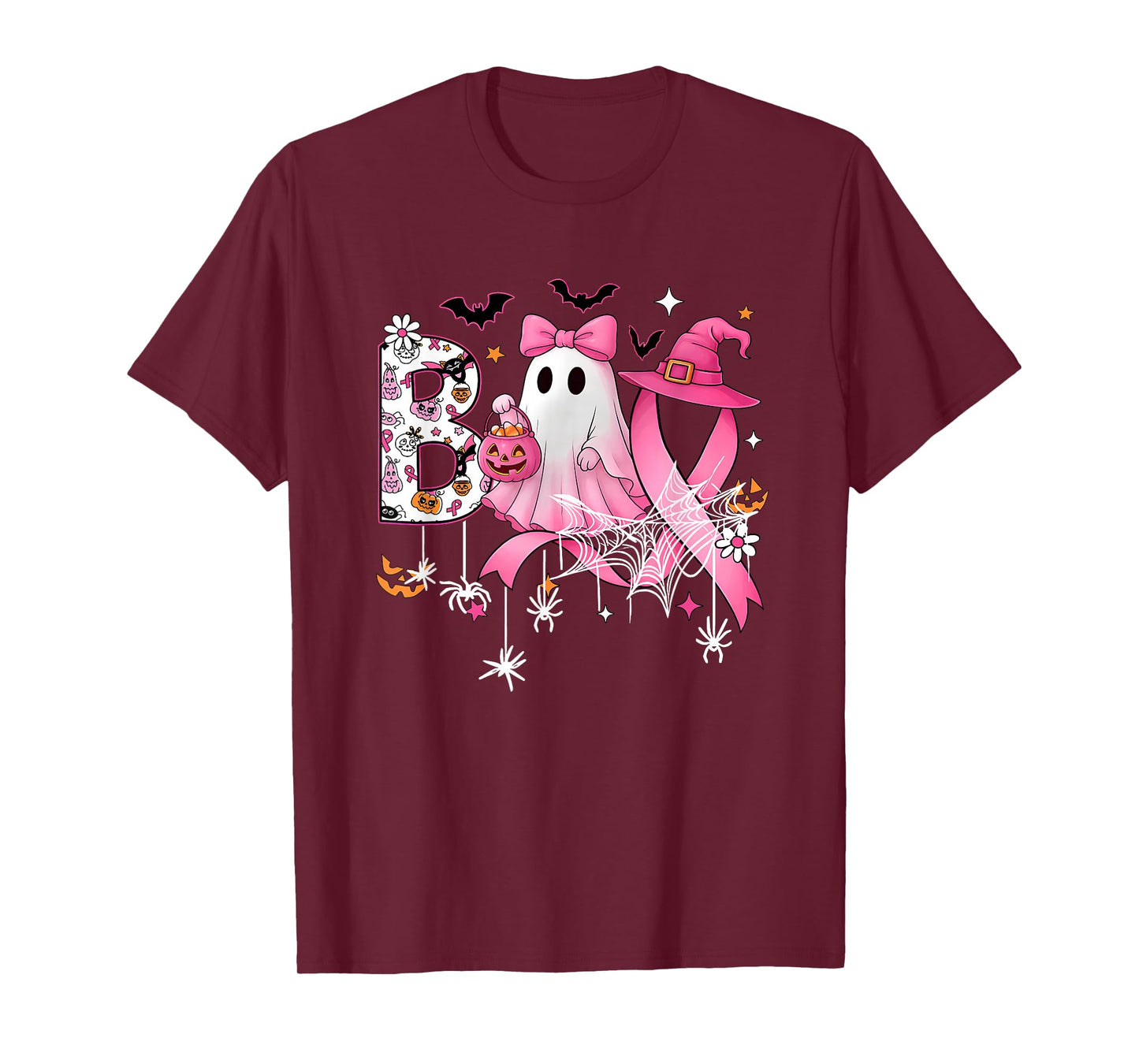 Boo Halloween Pumpkin Pink Ribbon Witch Breast Cancer Women T-Shirt