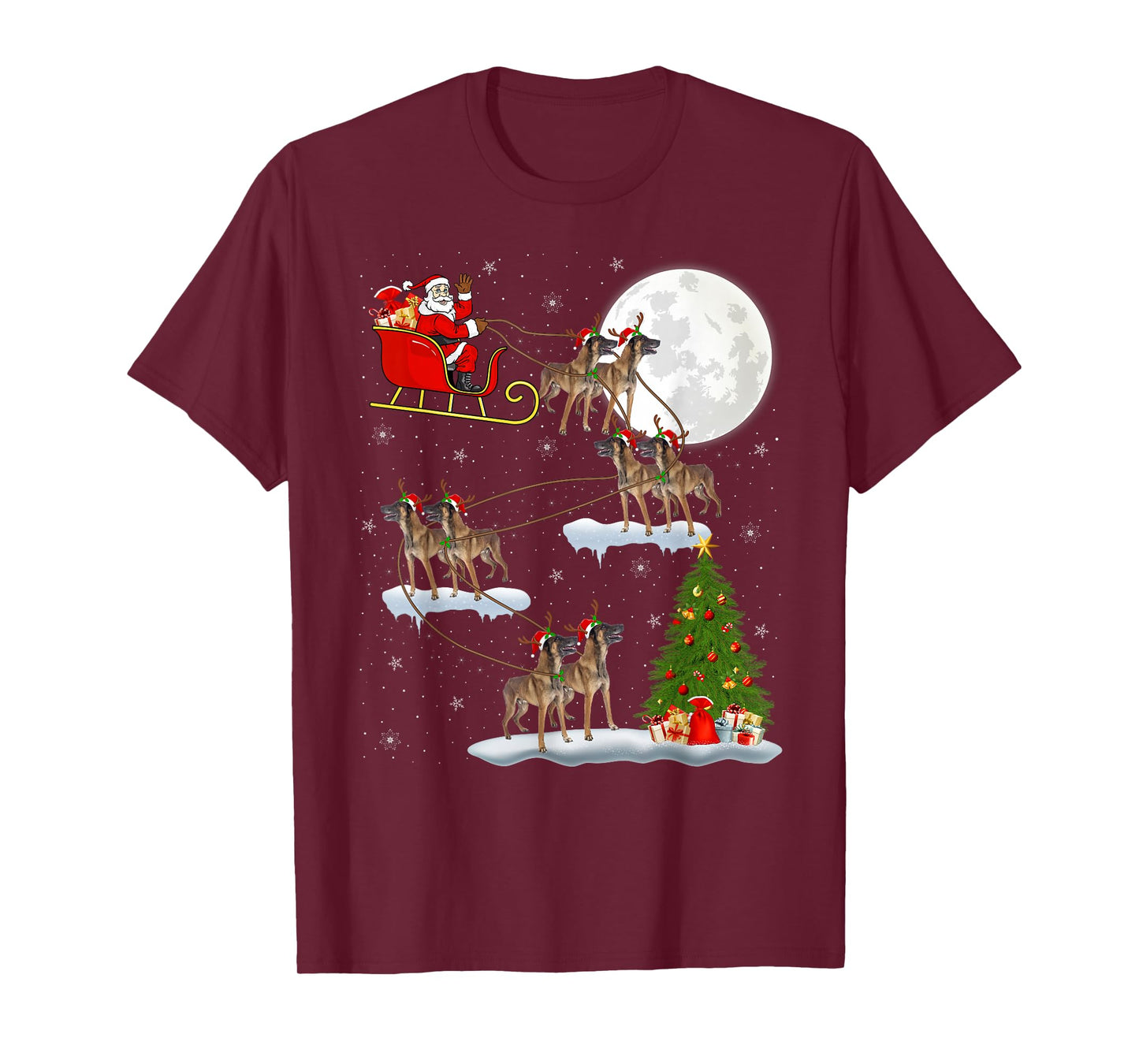 Belgian Malinois Dog Santa Sleigh Flying Funny Christmas T-Shirt