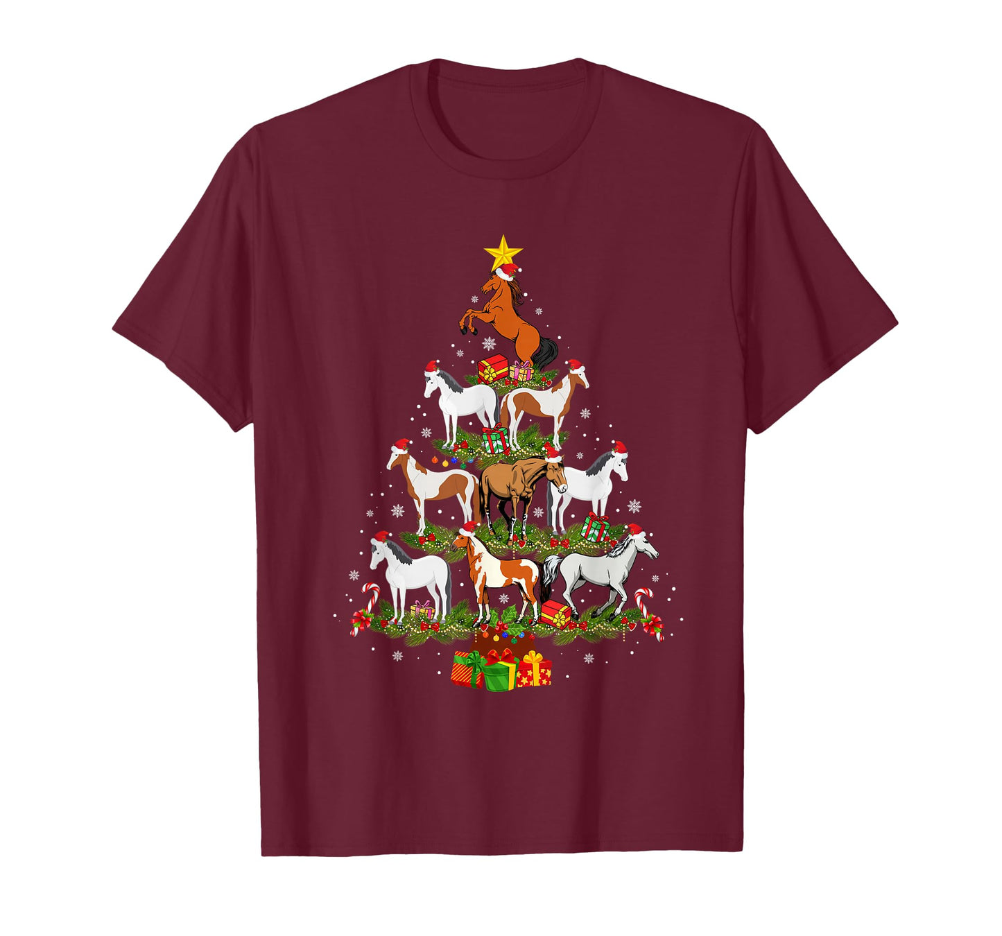 Horse Christmas Tree Lights Funny Xmas Family Men Women T-Shirt