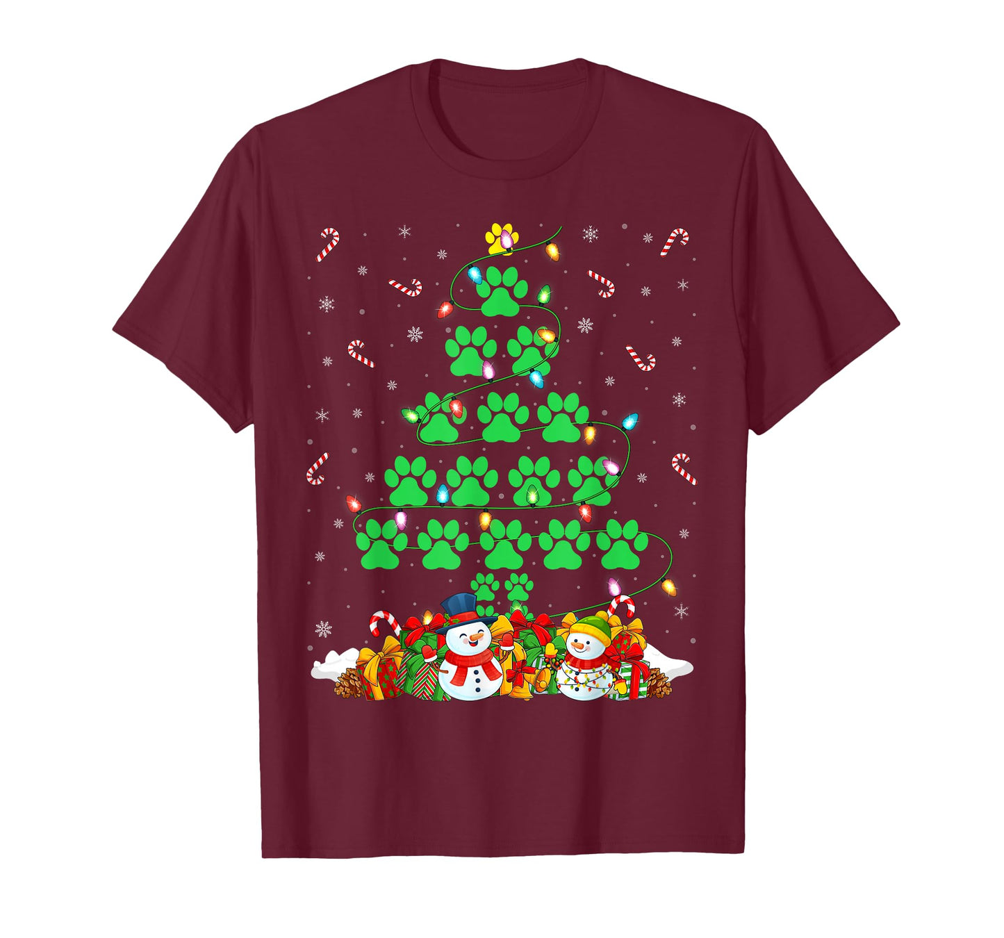 Cat Dog Paw Christmas Tree Lights Puppy Dog Cat Lover Xmas T-Shirt