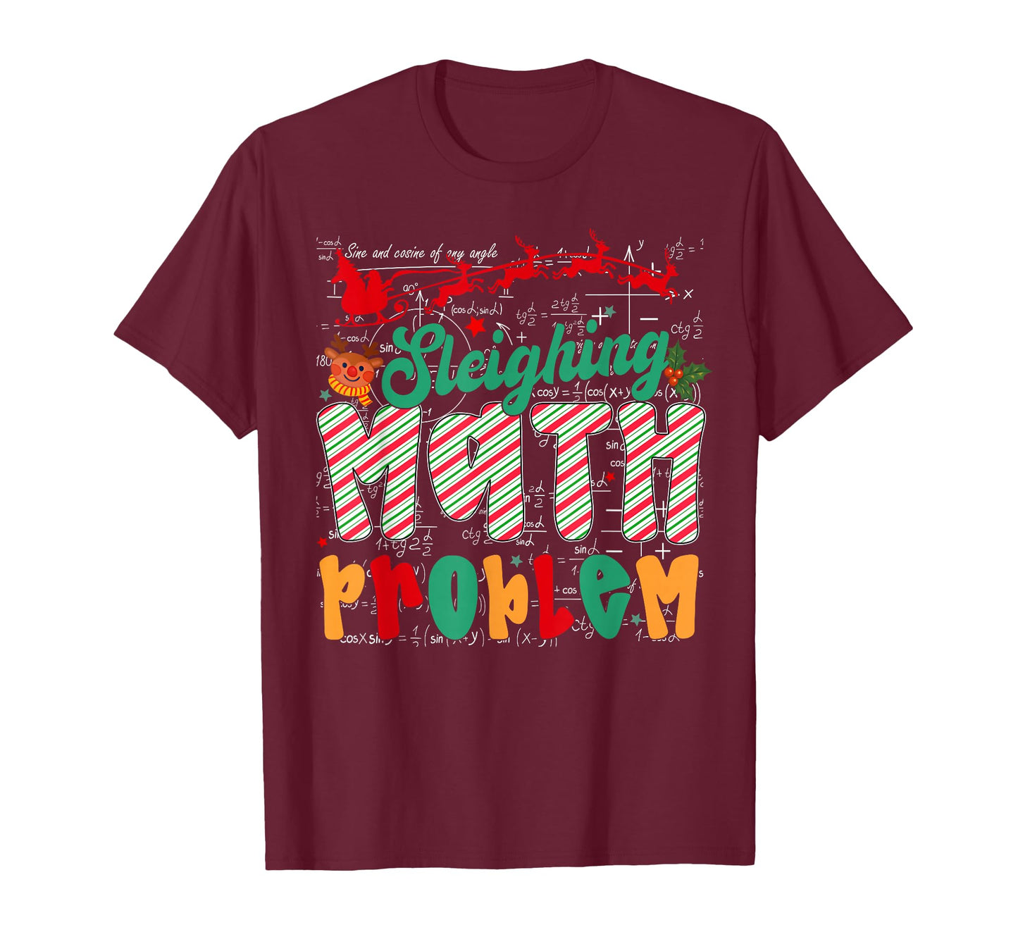 Funny Sleighing Math Problems Humor Teacher Christmas Santa T-Shirt