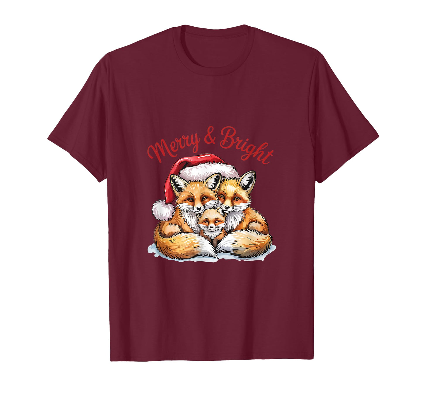 Merry Fox Family Christmas Art with Santa Hat T-Shirt