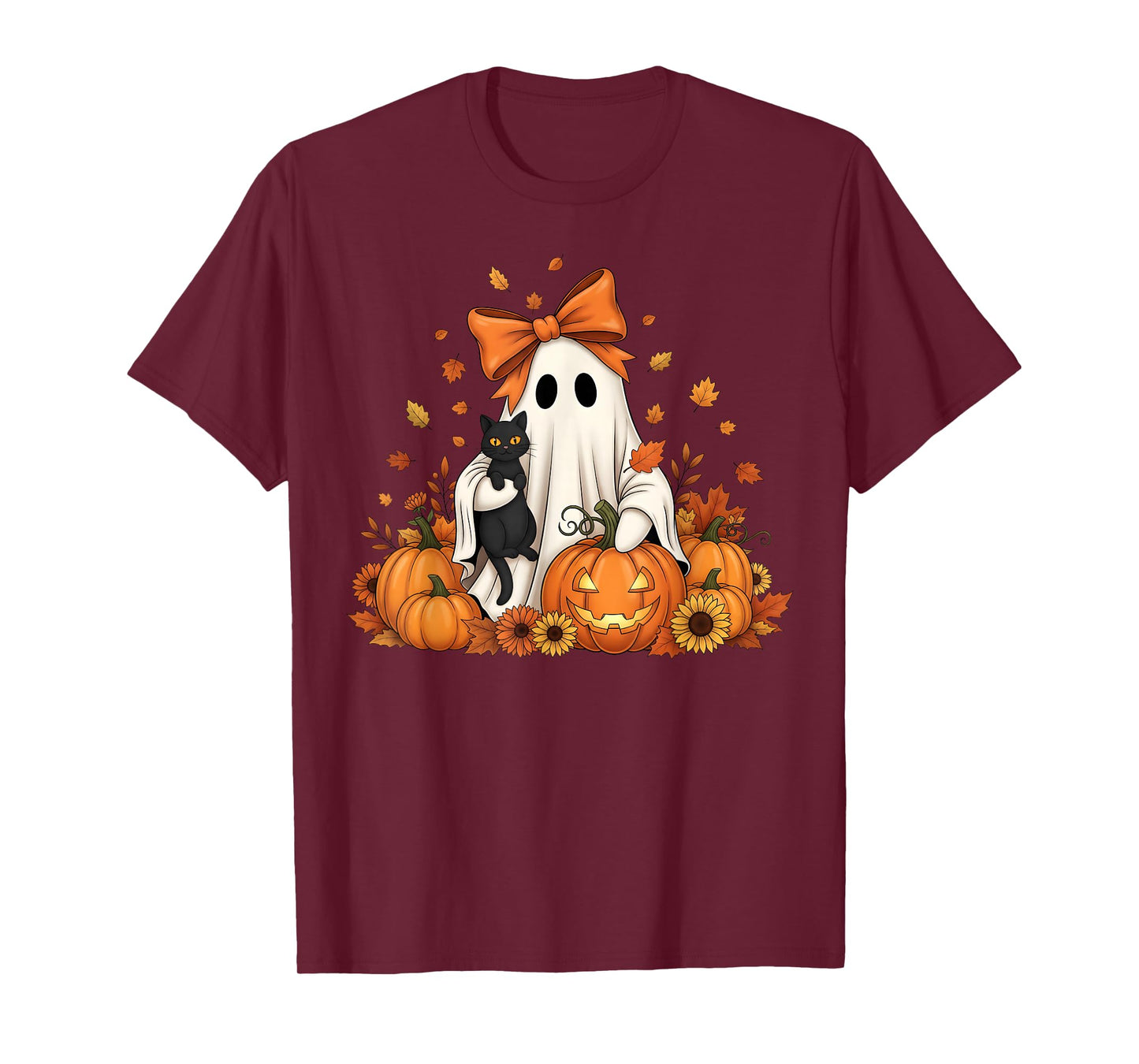 Vintage Halloween Ghost Holding Black Cat Groovy Floral T-Shirt