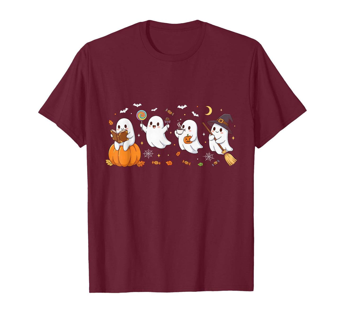Cute Ghost Drinking Coffee Halloween Fall Ghost Book Reading T-Shirt