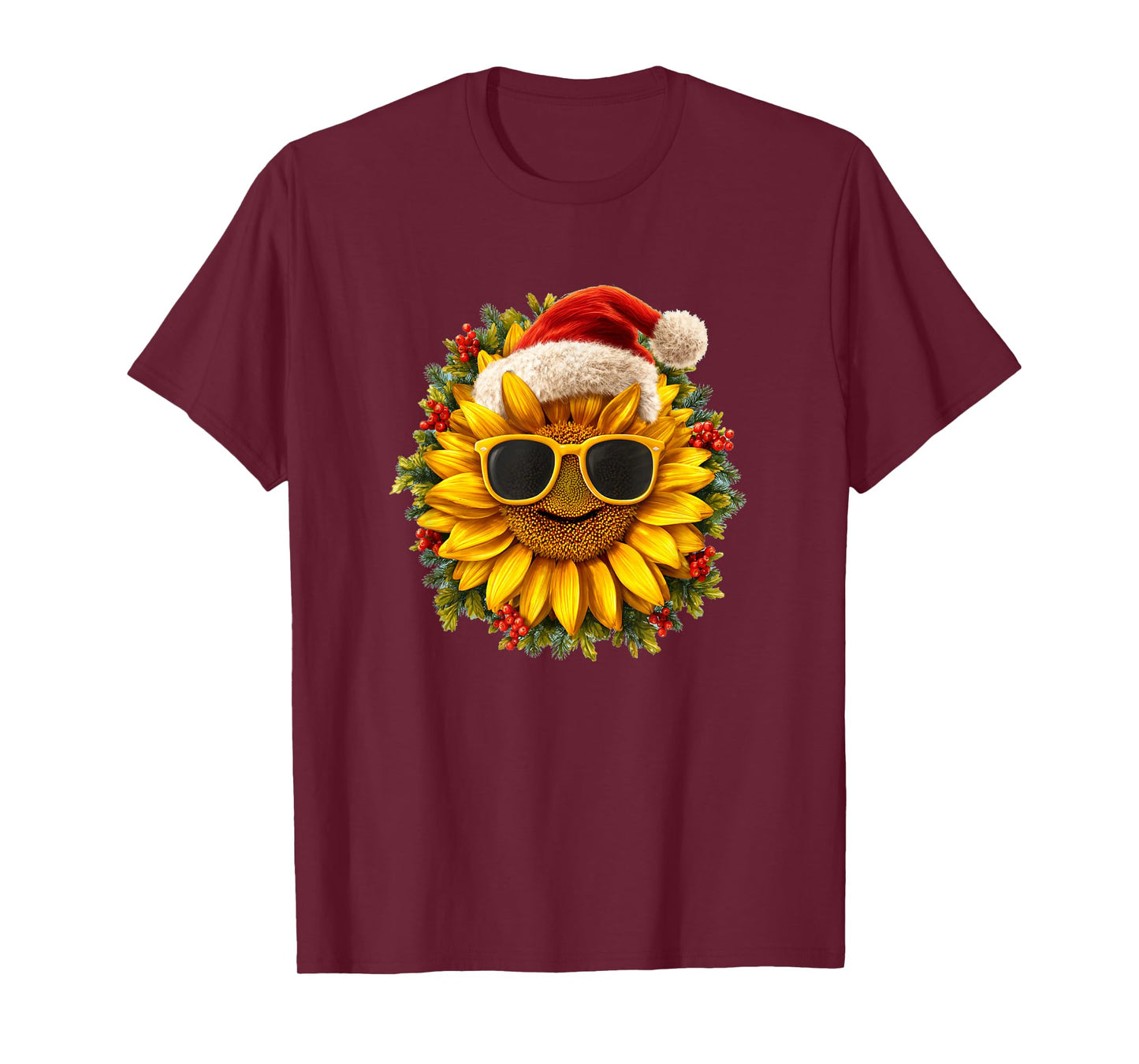 Yule Sunflower Plant with Santa Hat for Adults and Kids T-Shirt