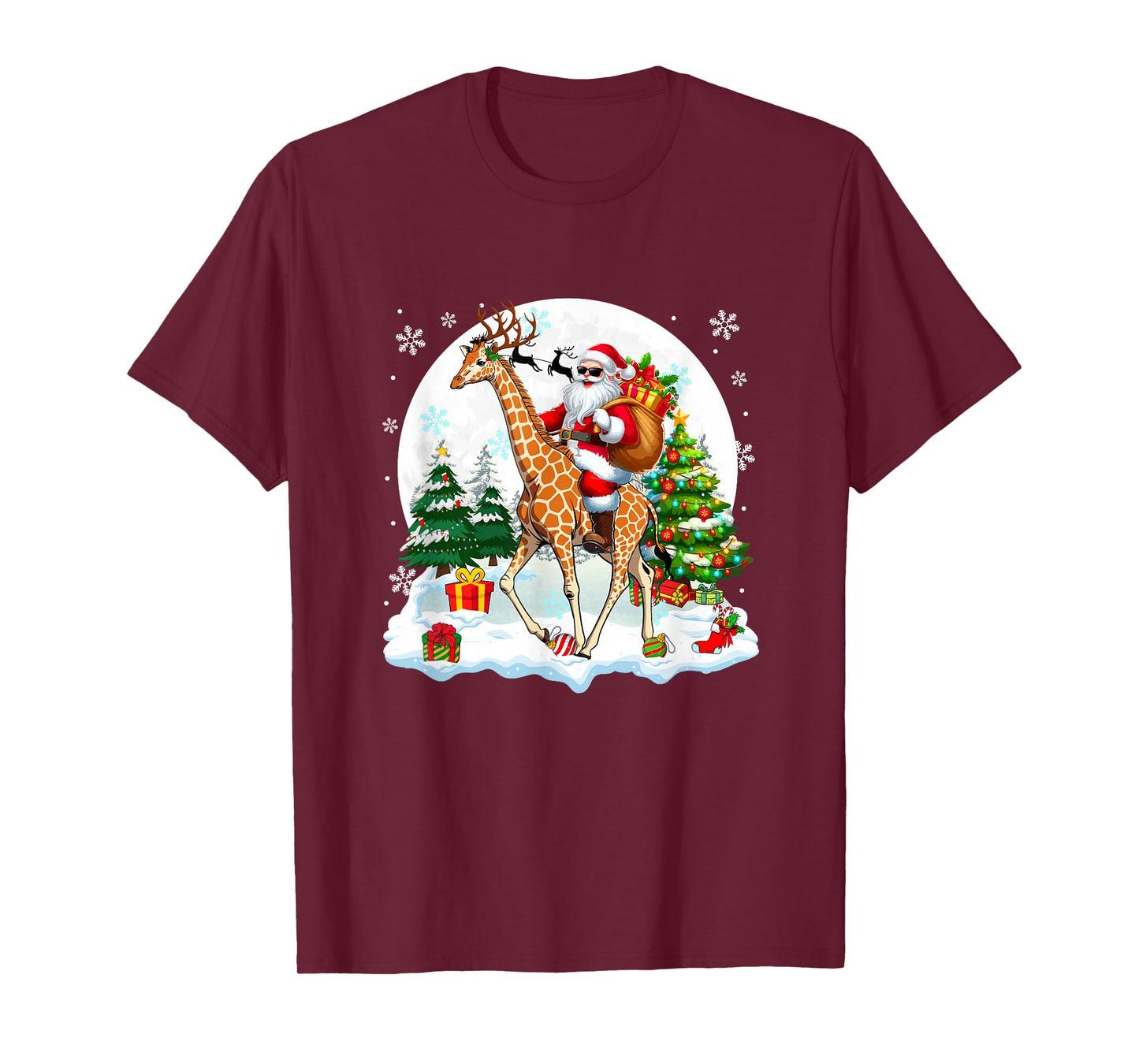 Santa Sunglasses Riding Giraffe Reindeer Christmas Snowman T-Shirt