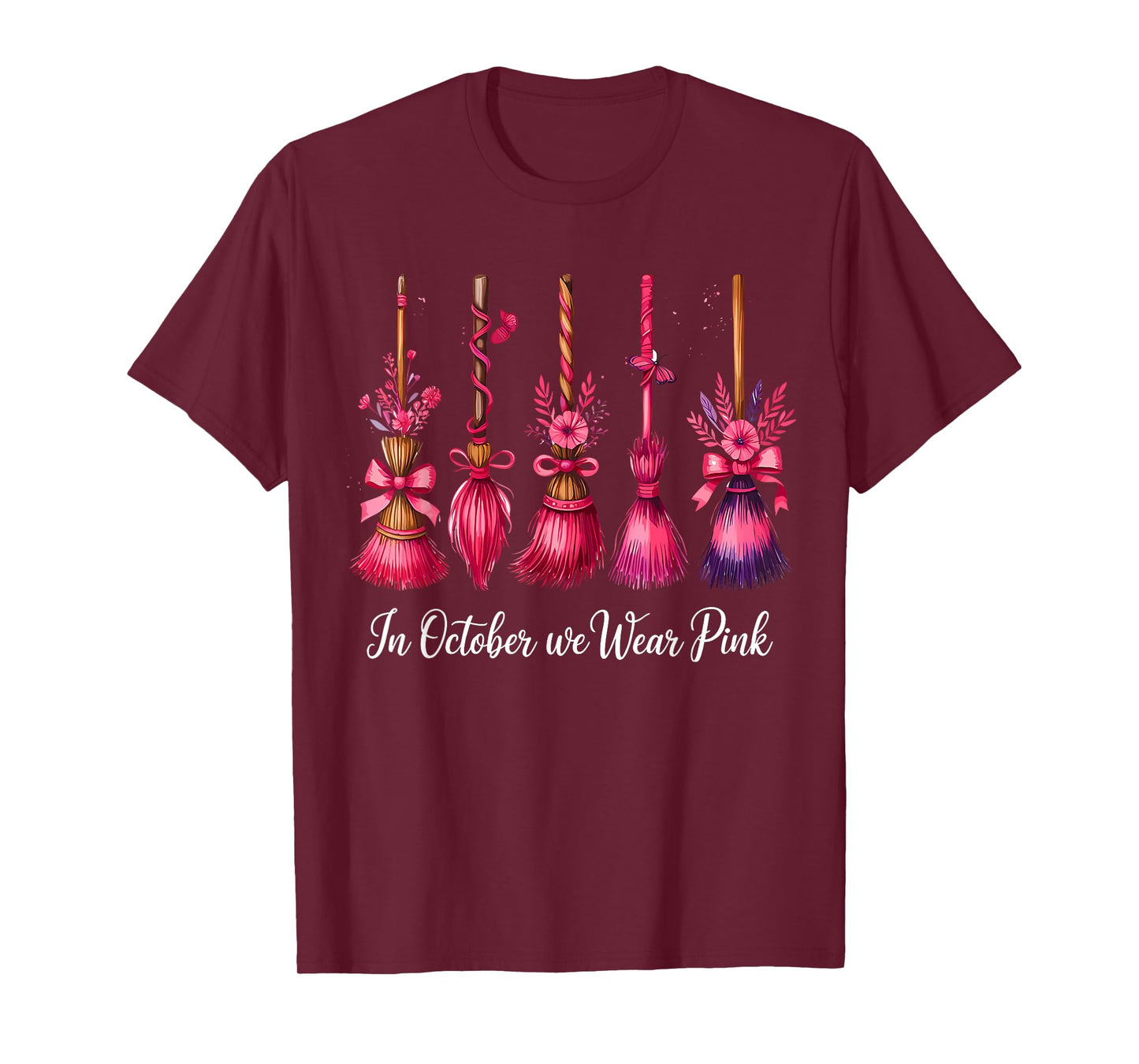 in October We Wear Pink Witch Brooms Halloween Breast Cancer T-Shirt