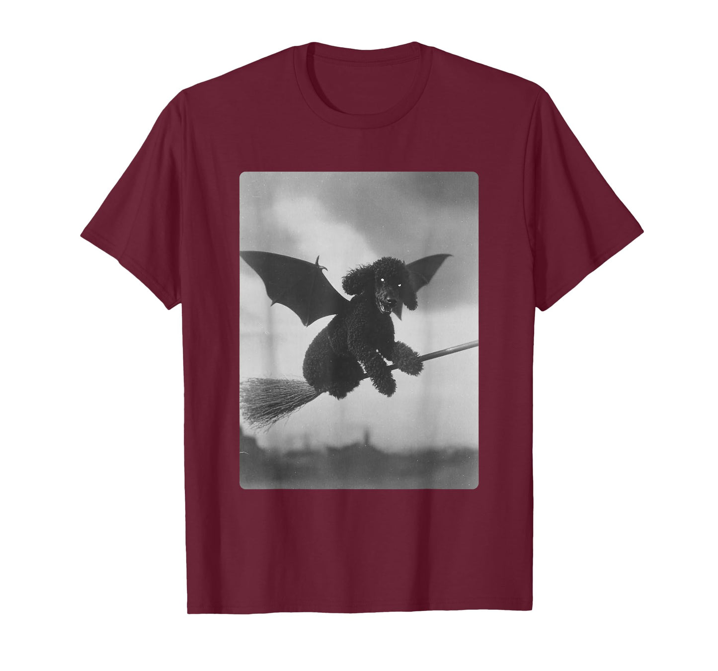 Gothic Poodle Witch Broom Bat Wings Spooky Halloween Dog T-Shirt