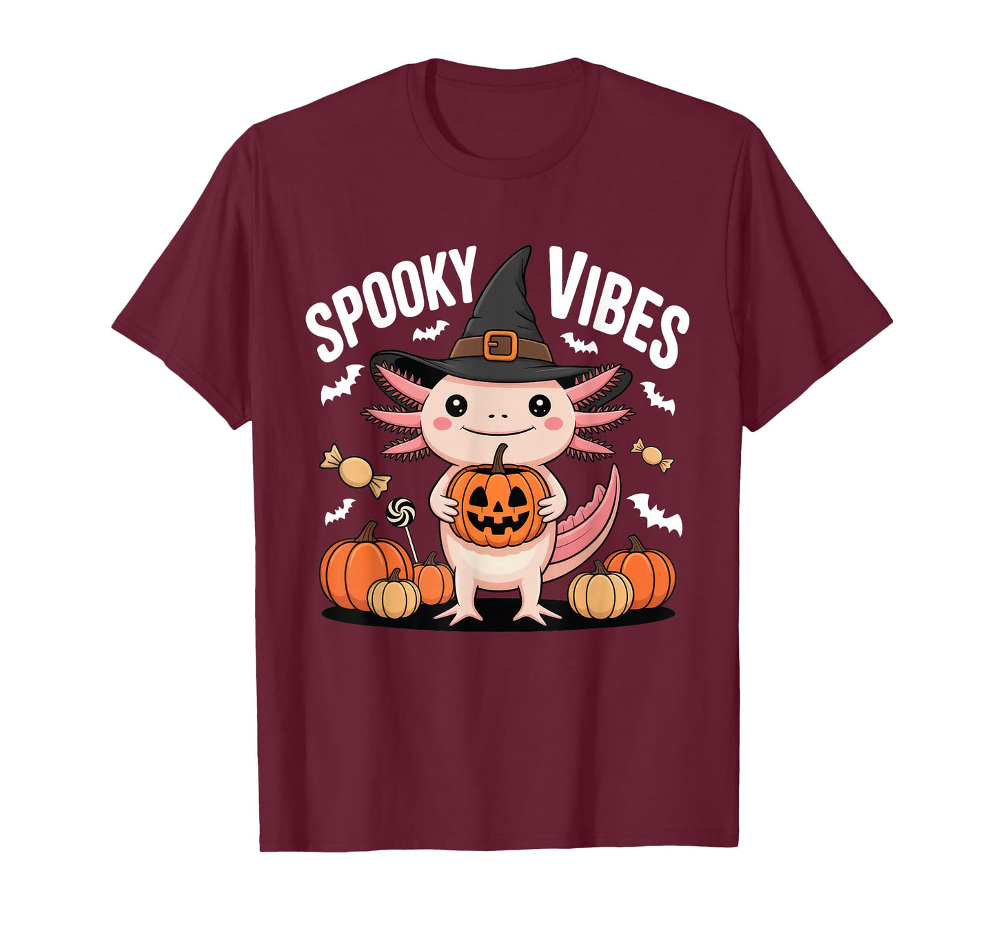 Cute Axolotl Witch Spooky Vibes Funny Halloween Pumpkin T-Shirt