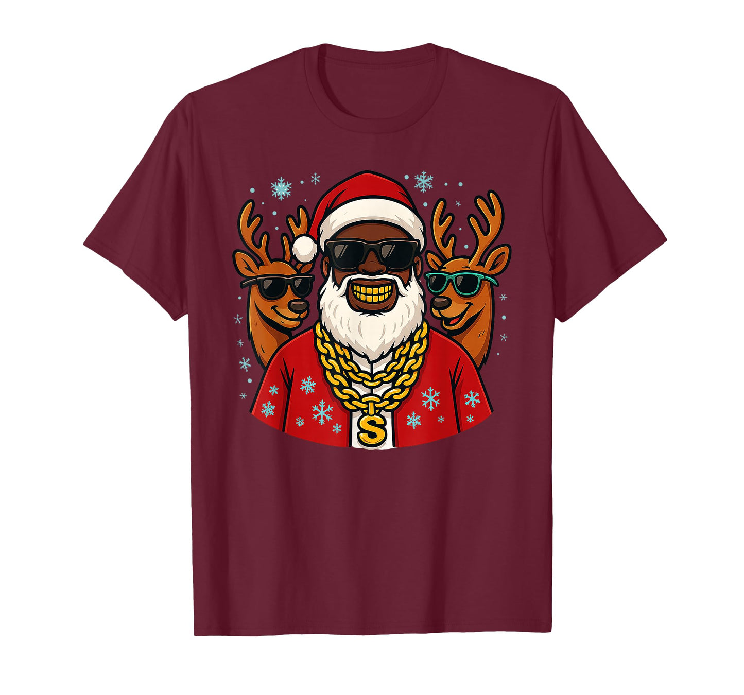 Santa Hip Hop Christmas with Chains, Grill and Reindeer T-Shirt