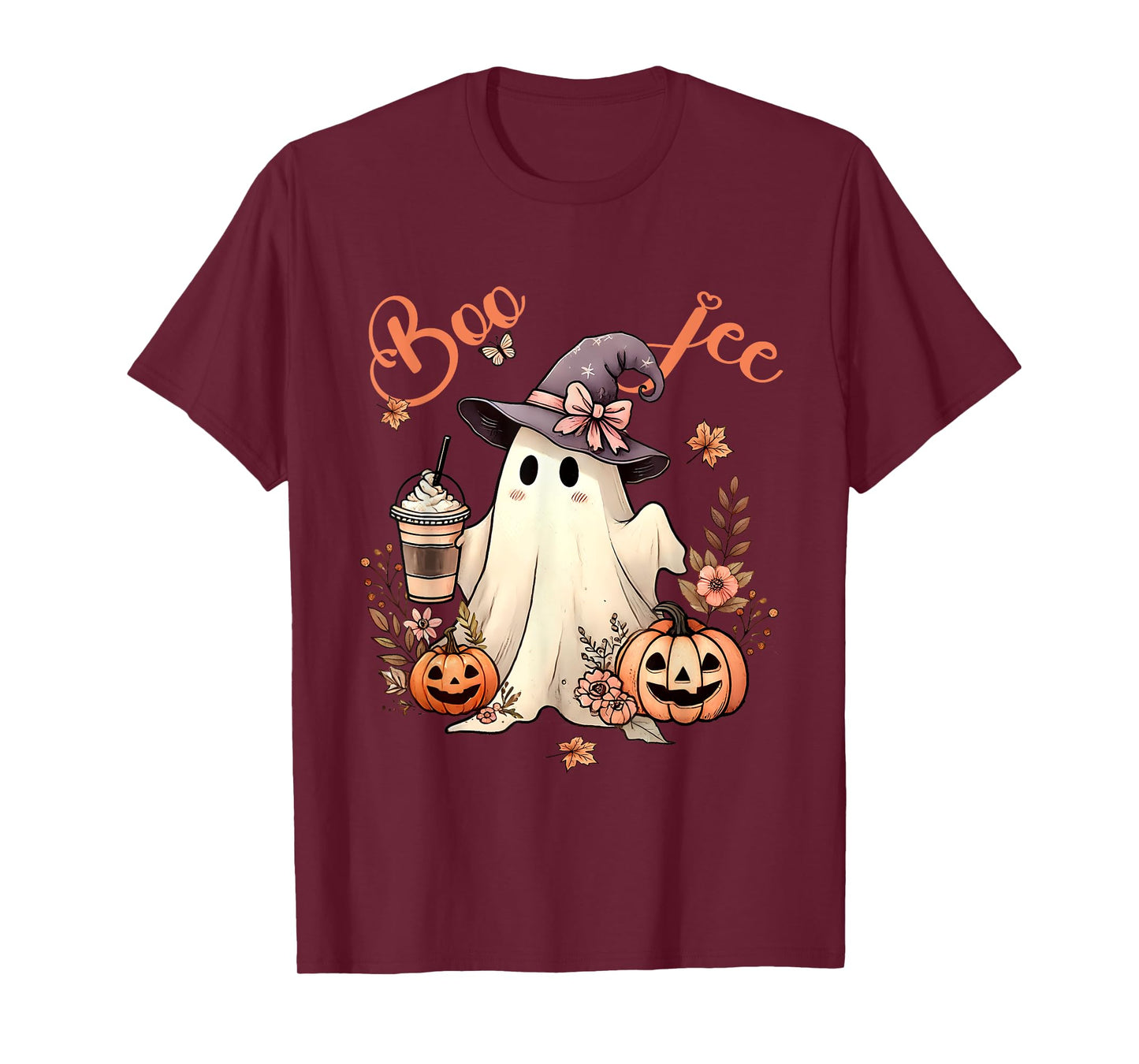 Boo Jee Ghost Drinking Coffee Coquette Bow Halloween Women T-Shirt