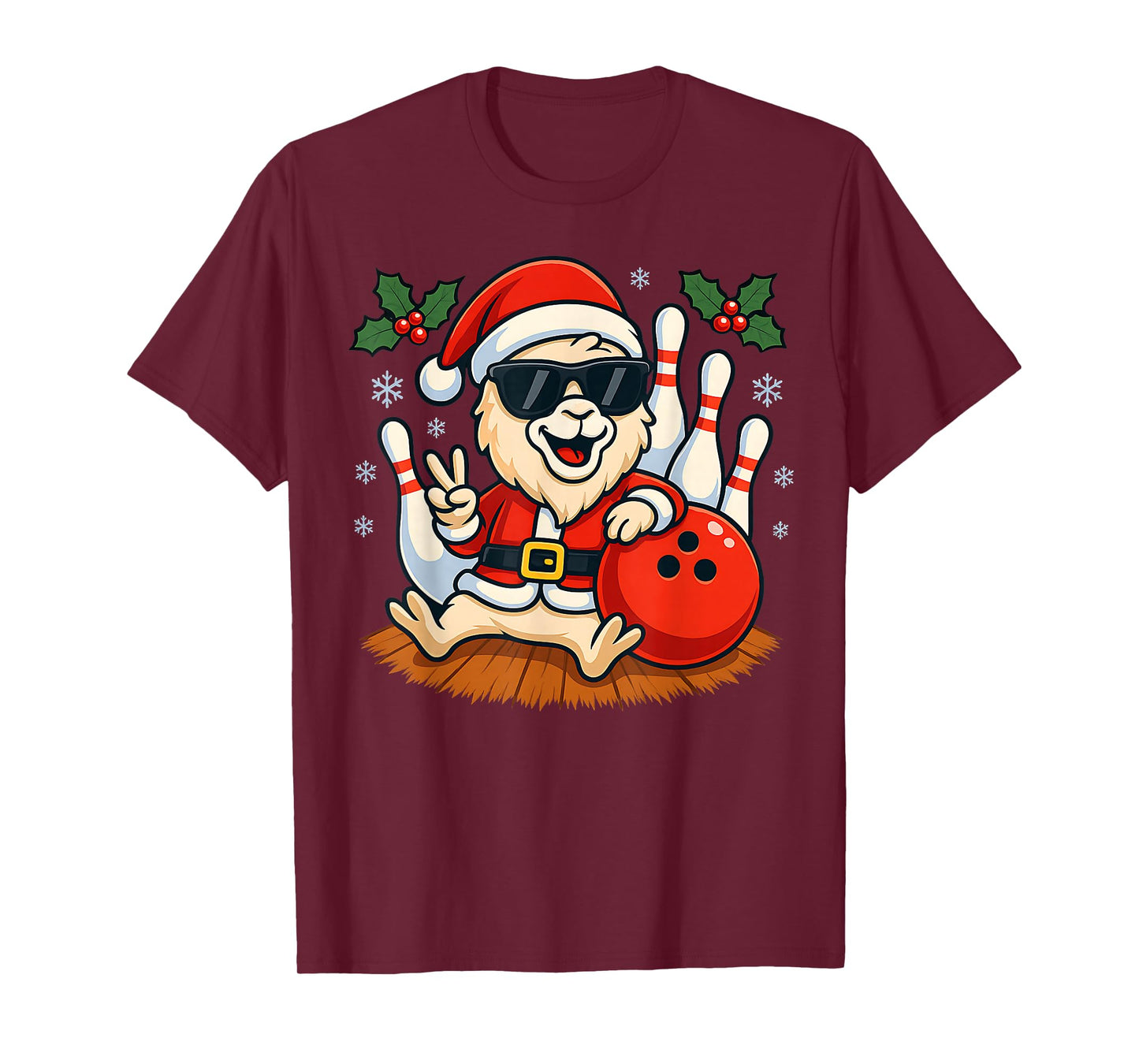 Santa Llama Bowling Christmas Funny Holiday Vibes Men Women T-Shirt