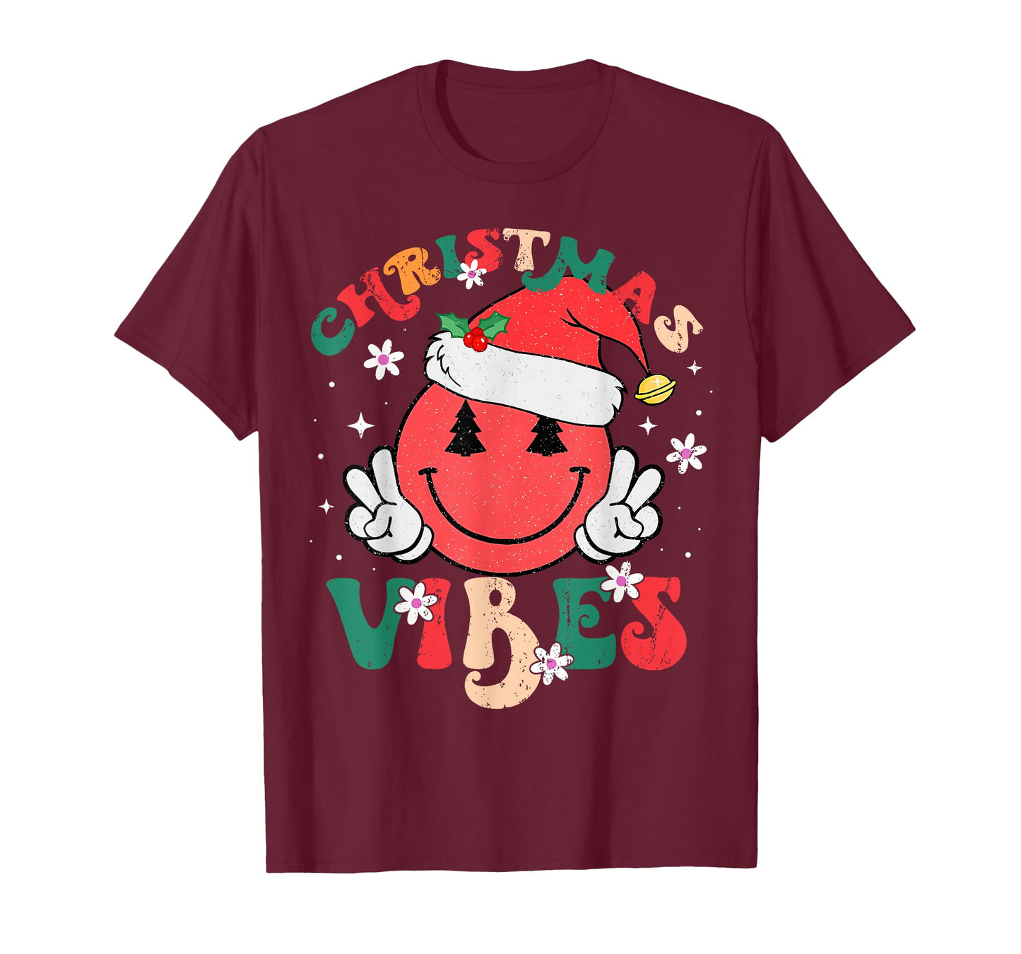 Groovy Christmas Vibes Santa Hat Xmas Teens Girls T-Shirt