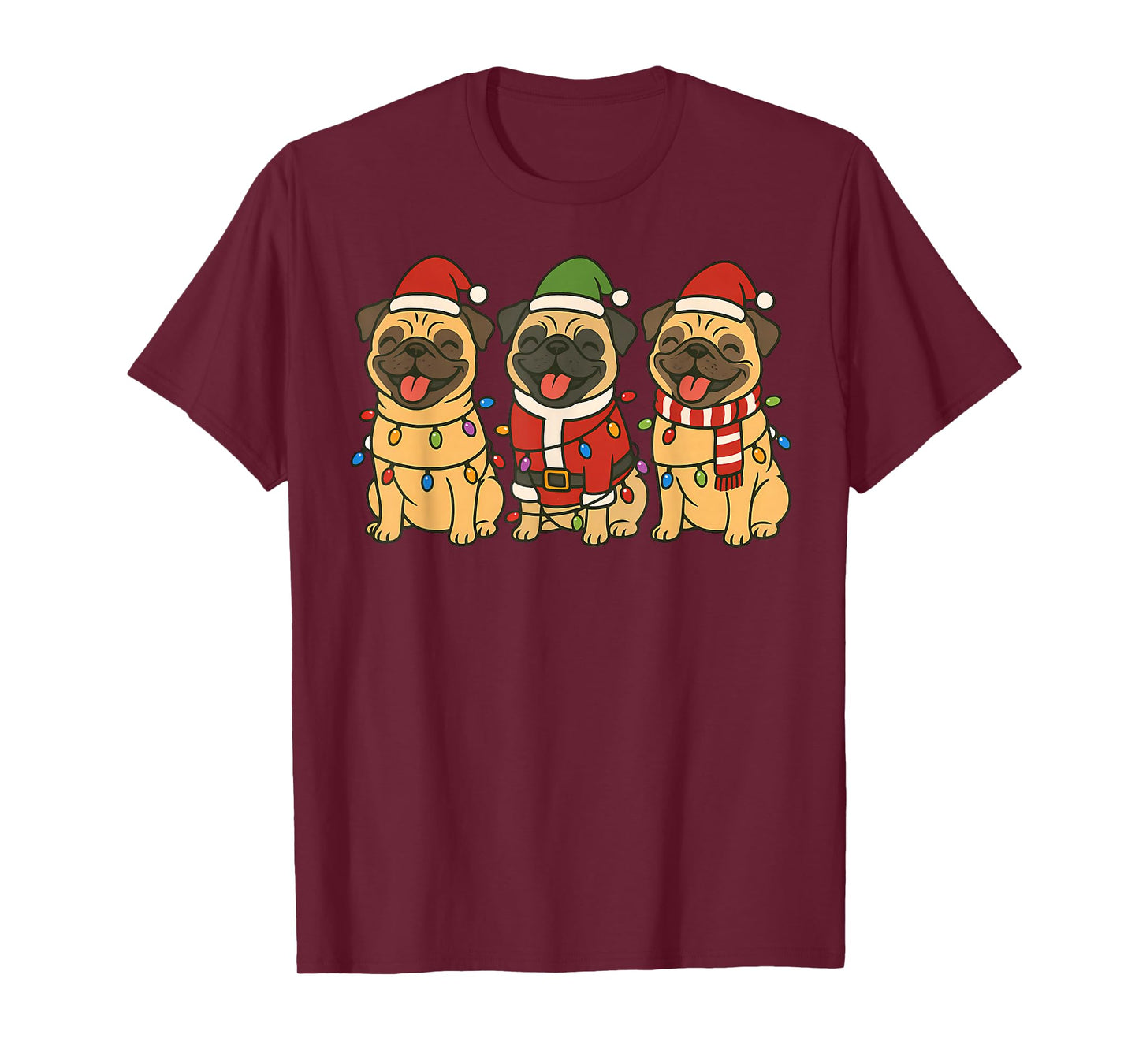 Cute Pug Dogs Christmas Lights Santa Holiday Fun Men Women T-Shirt