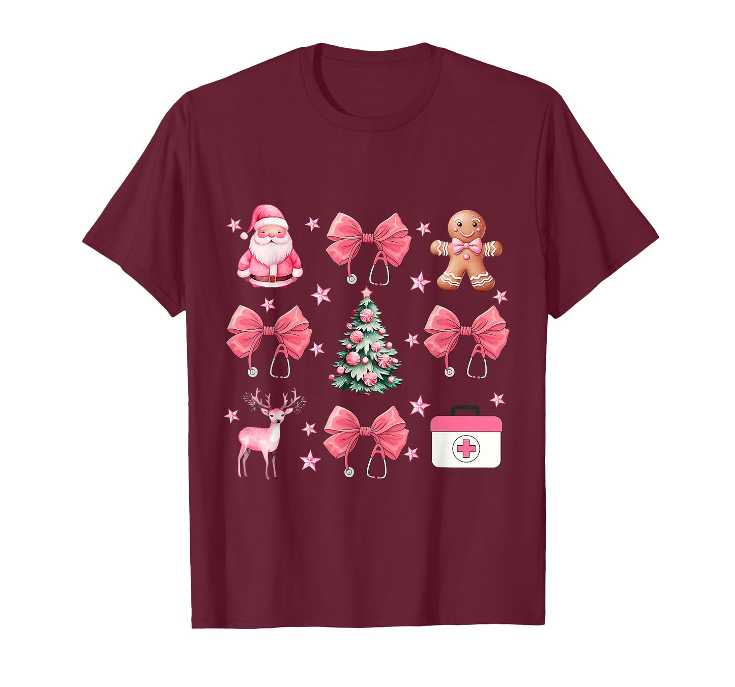 Coquette Bow Pink Nurse Tree Santa Gingerbread Christmas T-Shirt