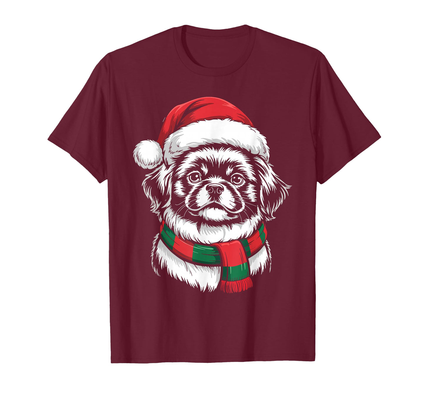 Pekingese Dog Xmas Santa Hat Scarf Christmas Costume T-Shirt