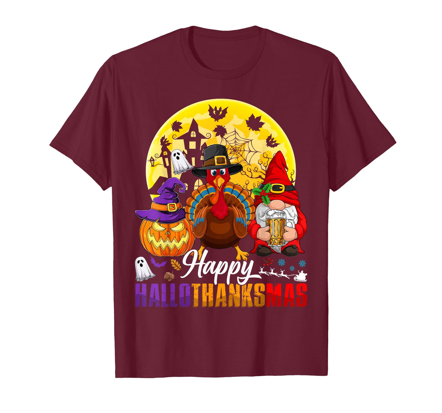 Happy Hallothanksmas Halloween Thanksgiving Christmas Gnome T-Shirt