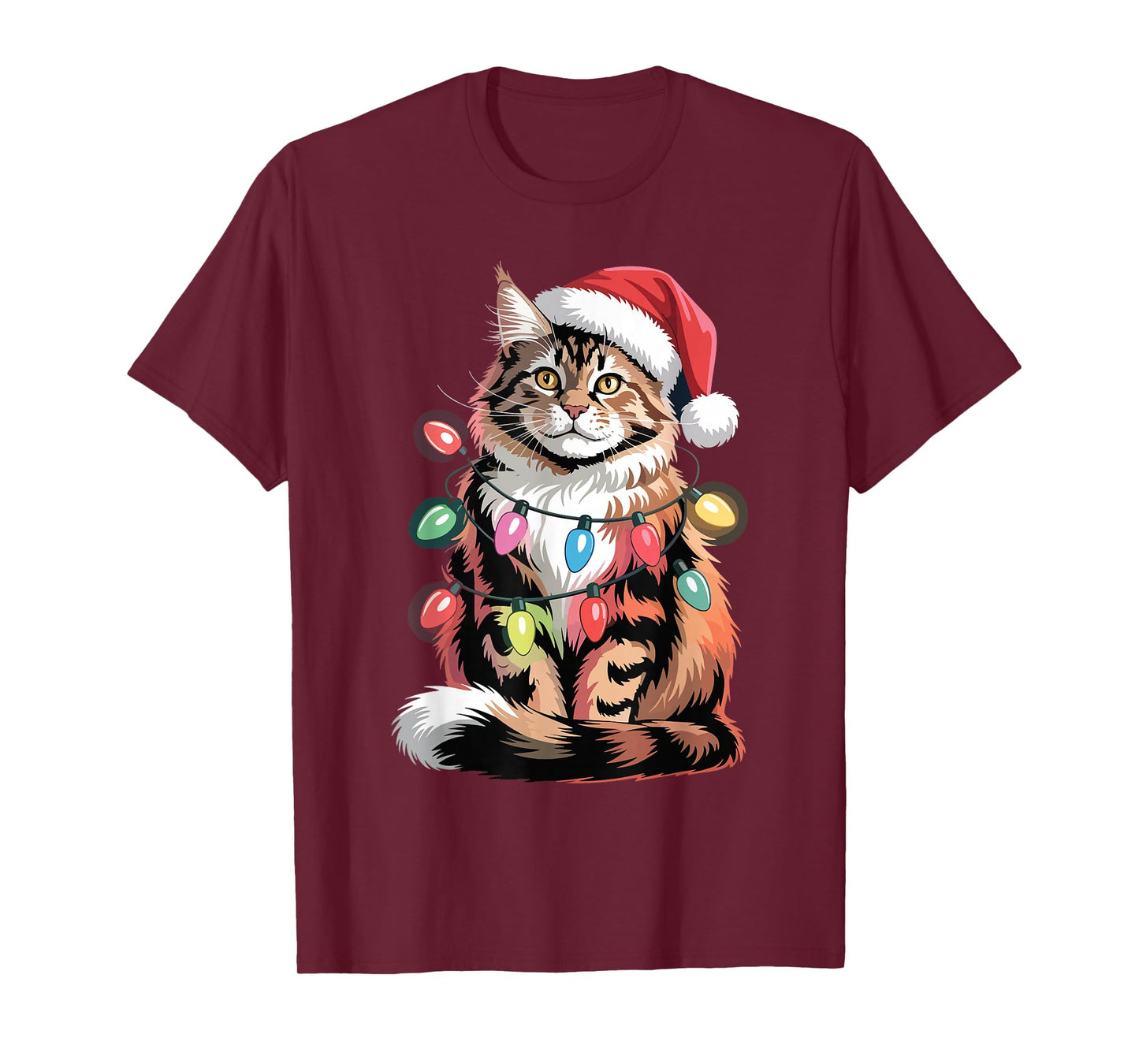Maine Coon Santa Hat Christmas Lights Xmas Tree Men Women T-Shirt