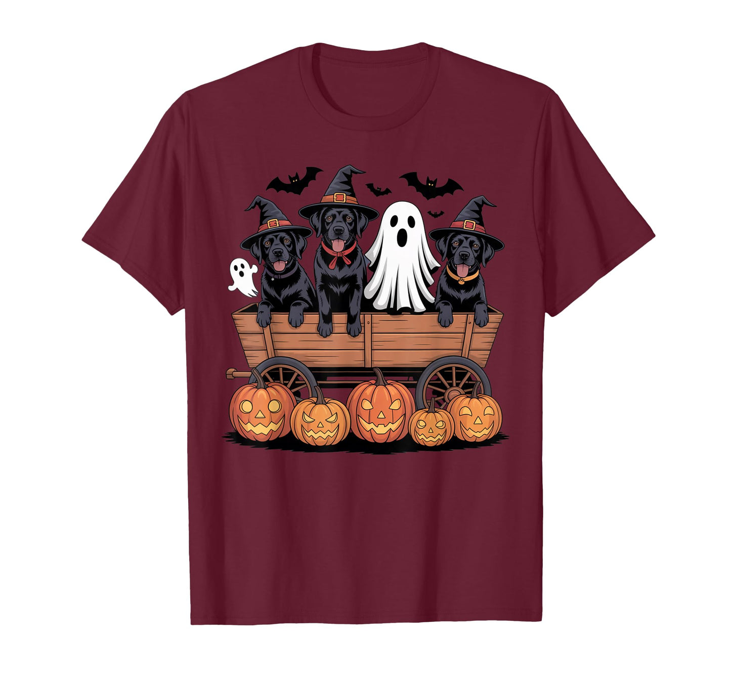 Black Labrador Halloween Wagon Pumpkins Spooky Witch Ghost T-Shirt
