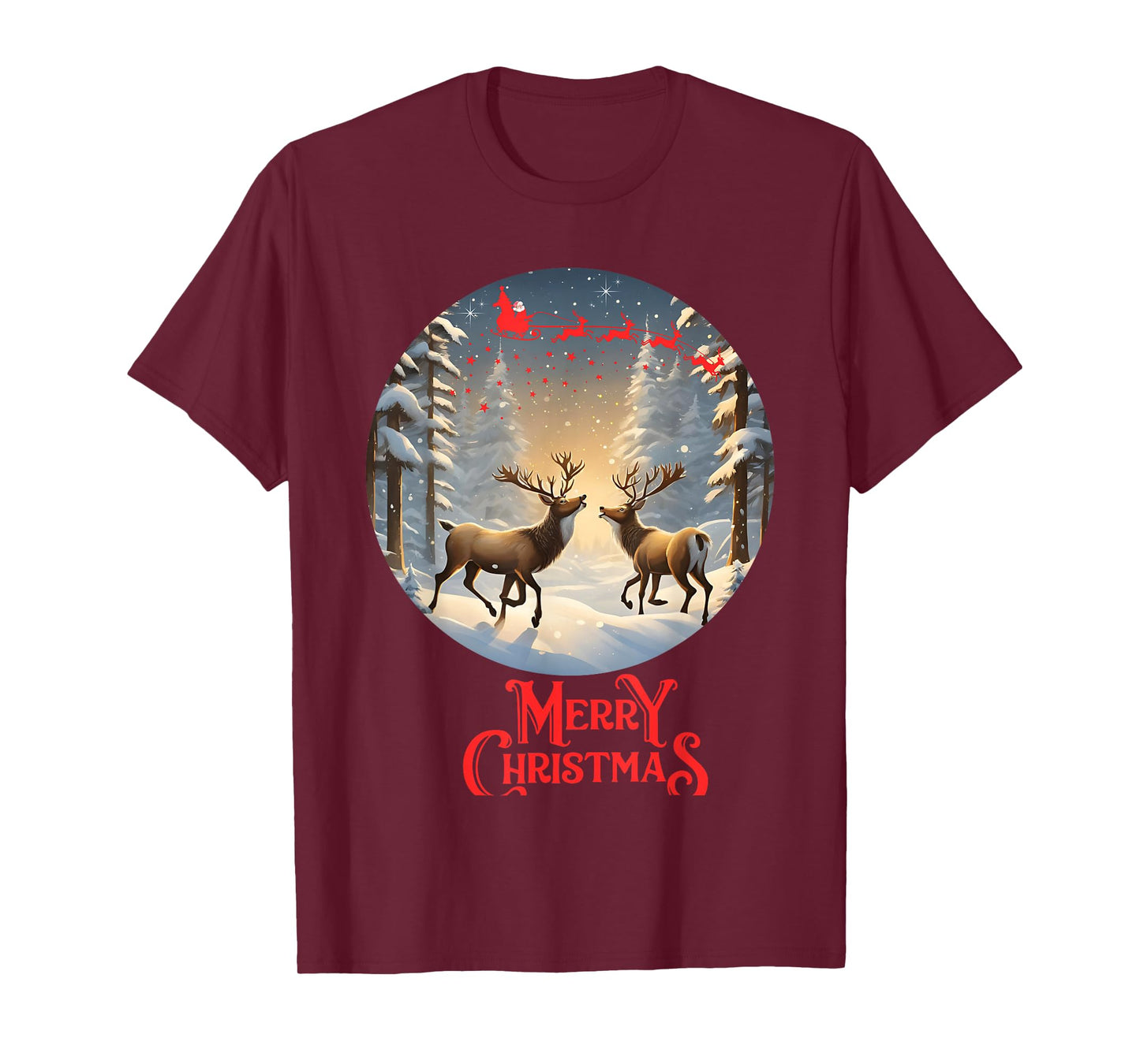 Merry Christmas Reindeers Santa Sleigh Cute T-Shirt