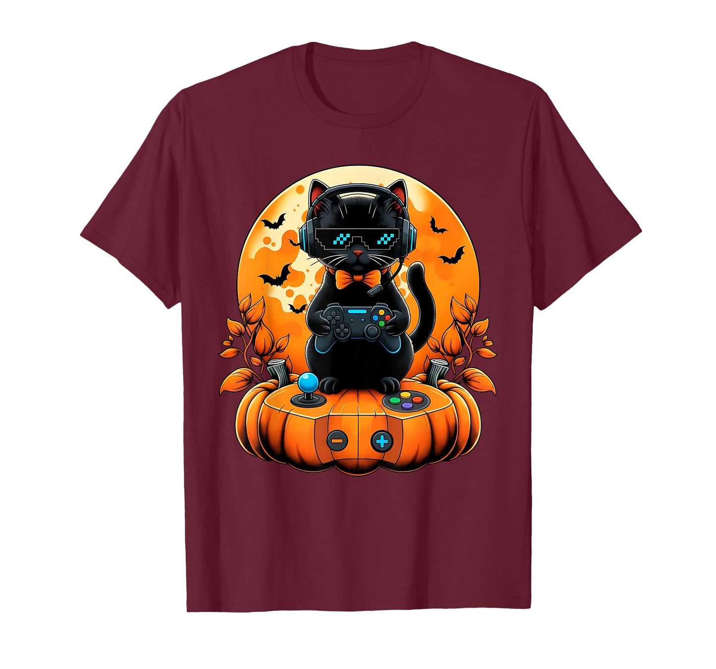Funny Gamer Black Cat Pumpkin Halloween Fall Autumn Season T-Shirt