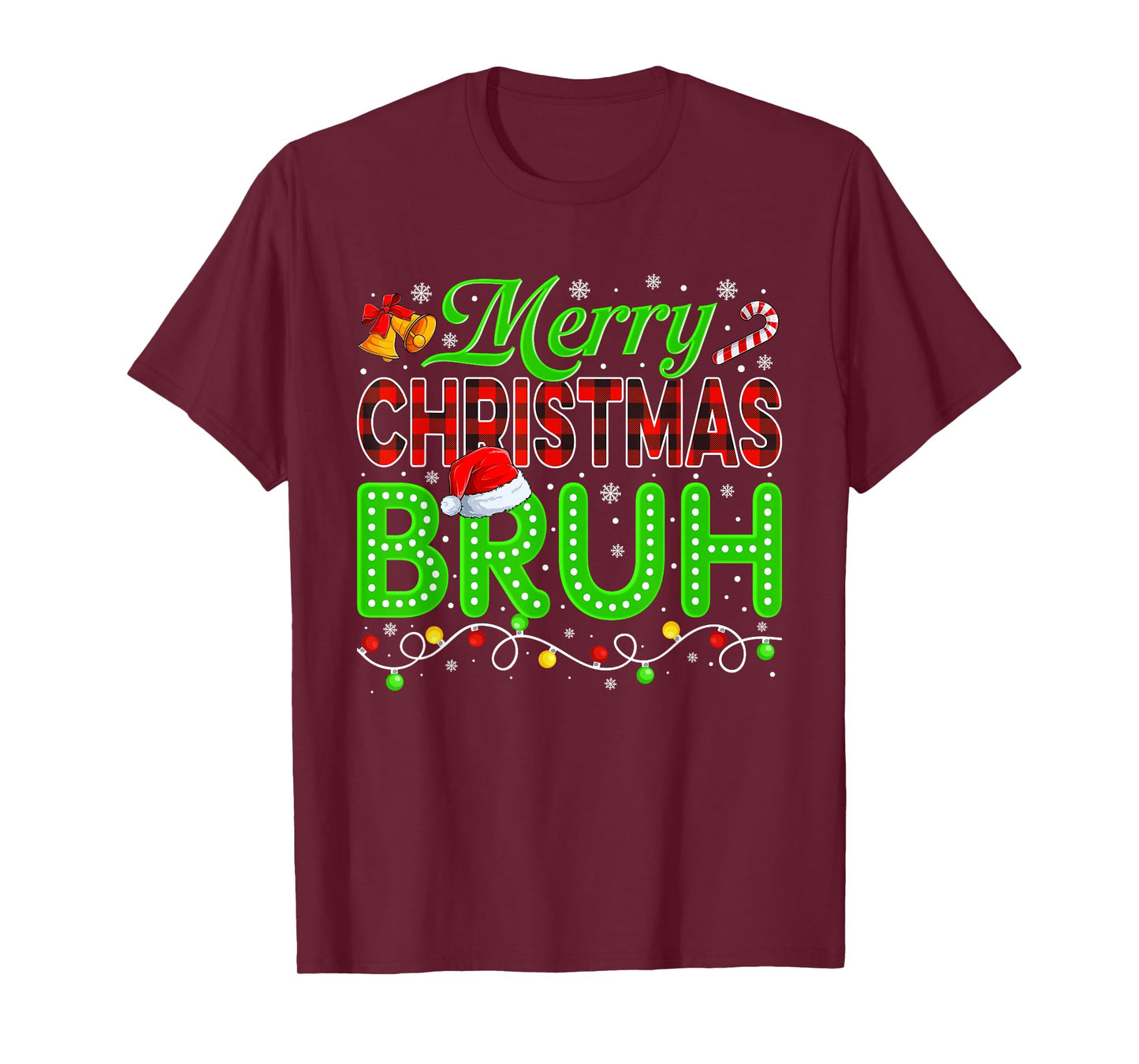 Merry Christmas Bruh Red Plaid Xmas Lights Matching Family T-Shirt