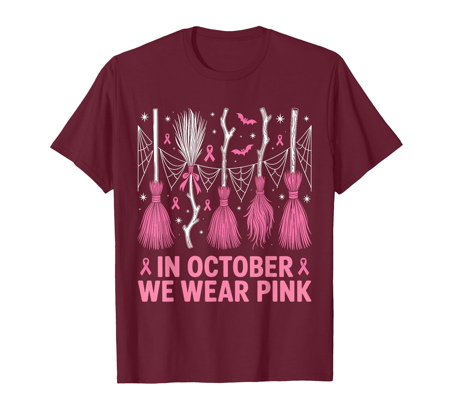 in October We Wear Pink Witch Brooms Breast Cancer Awareness T-Shirt